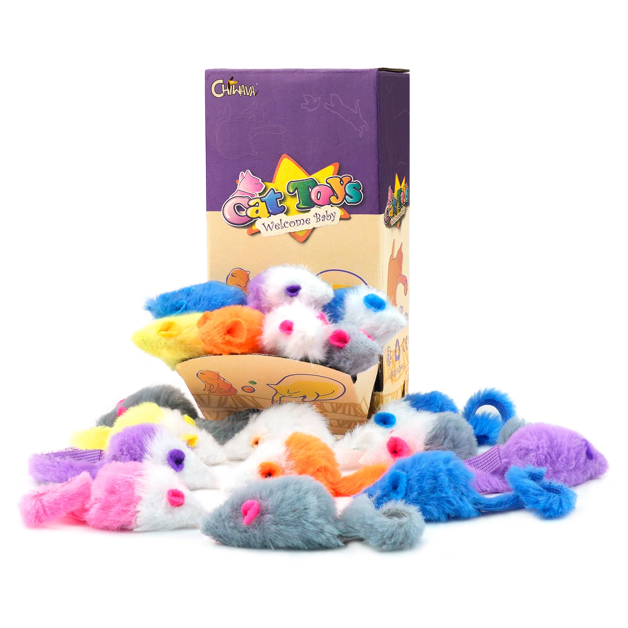 CHIWAVA 36PCS 1.8 Candy Color Furry Mice Cat Toy Rattle Mouse Kitten Interactive Toy Assorted Color