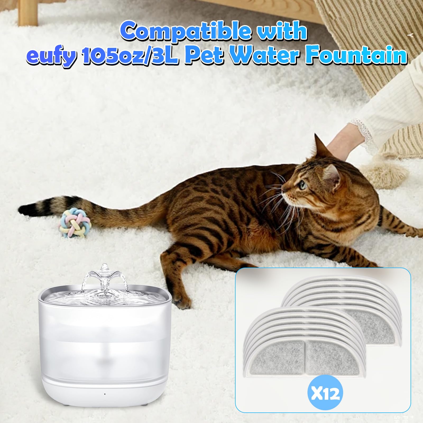 12 Pack eufy Stainless Steel Water Fountain Filters for 3L/105oz Pet Dispensers, Triple Filtration System Replacement for Cats o