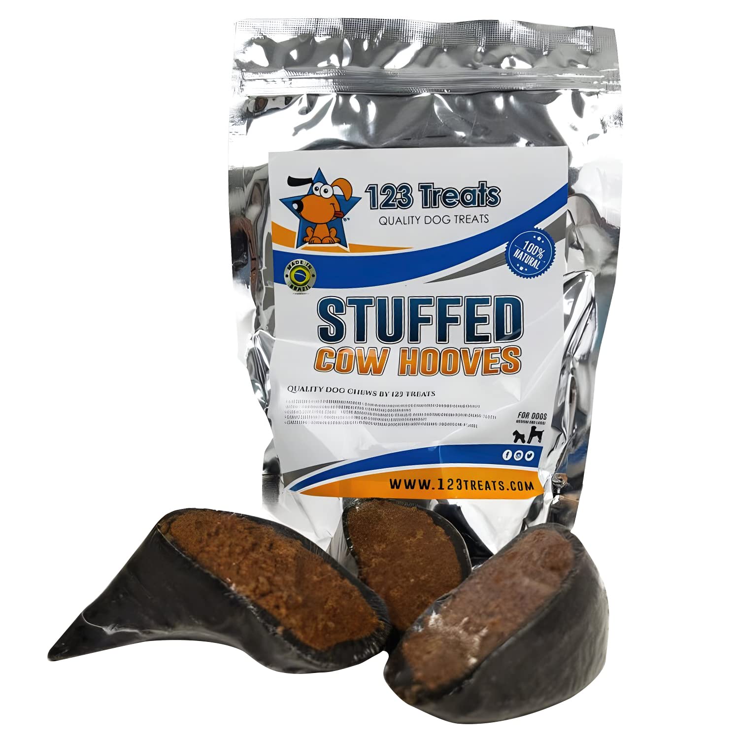 123 Treats Filled Cow Hooves for Dogs - Delicious Peanut Butter Flavor Dog Treats (3 Count), Long-Lasting Natural Dog Chews, Stu