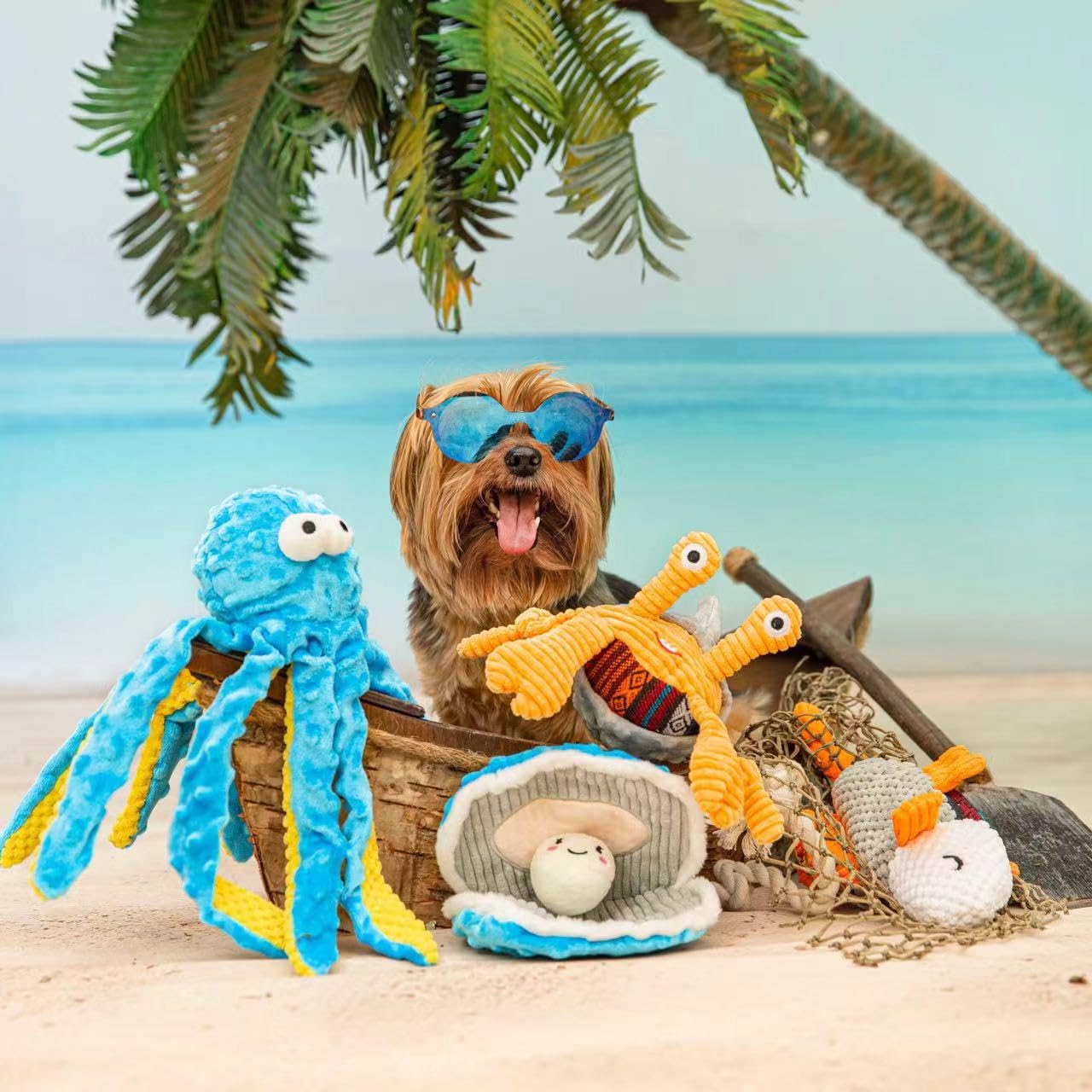 Nocciola Crinkle Squeaky Dog Toys - 4 Pack Plush Rope Tug, Durable Chew Toys for Small to Large Breeds, Ocean Series