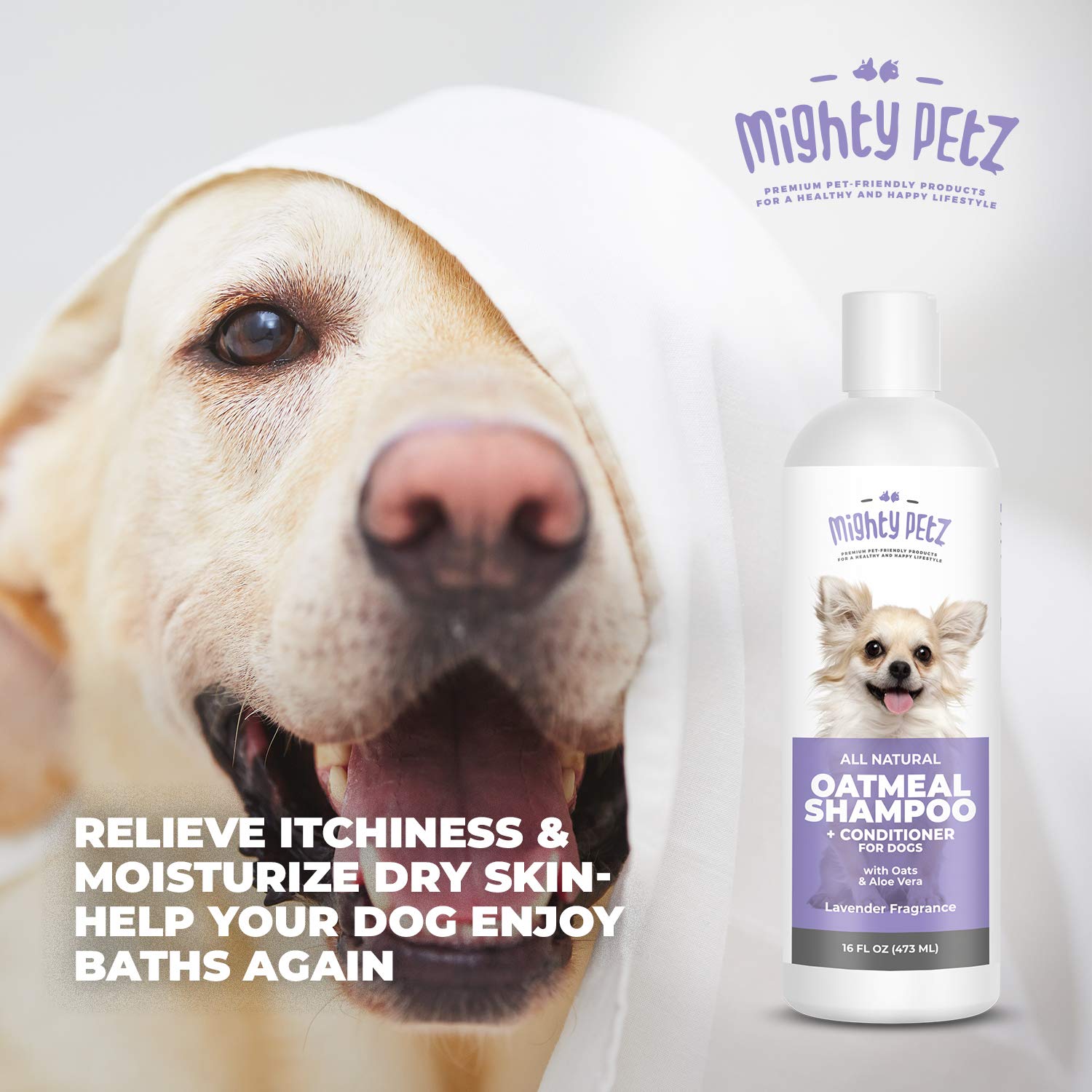 Mighty Petz 2-In-1 Oatmeal Dog Shampoo And Conditioner - Dog Shampoo Sensitive Skin For Dog'S Itchy Dry Skin With Soothing Aloe Vera + Baking Soda + Ph Balanced. Get Smelly Dogs Coat Fresh, 16 Oz
