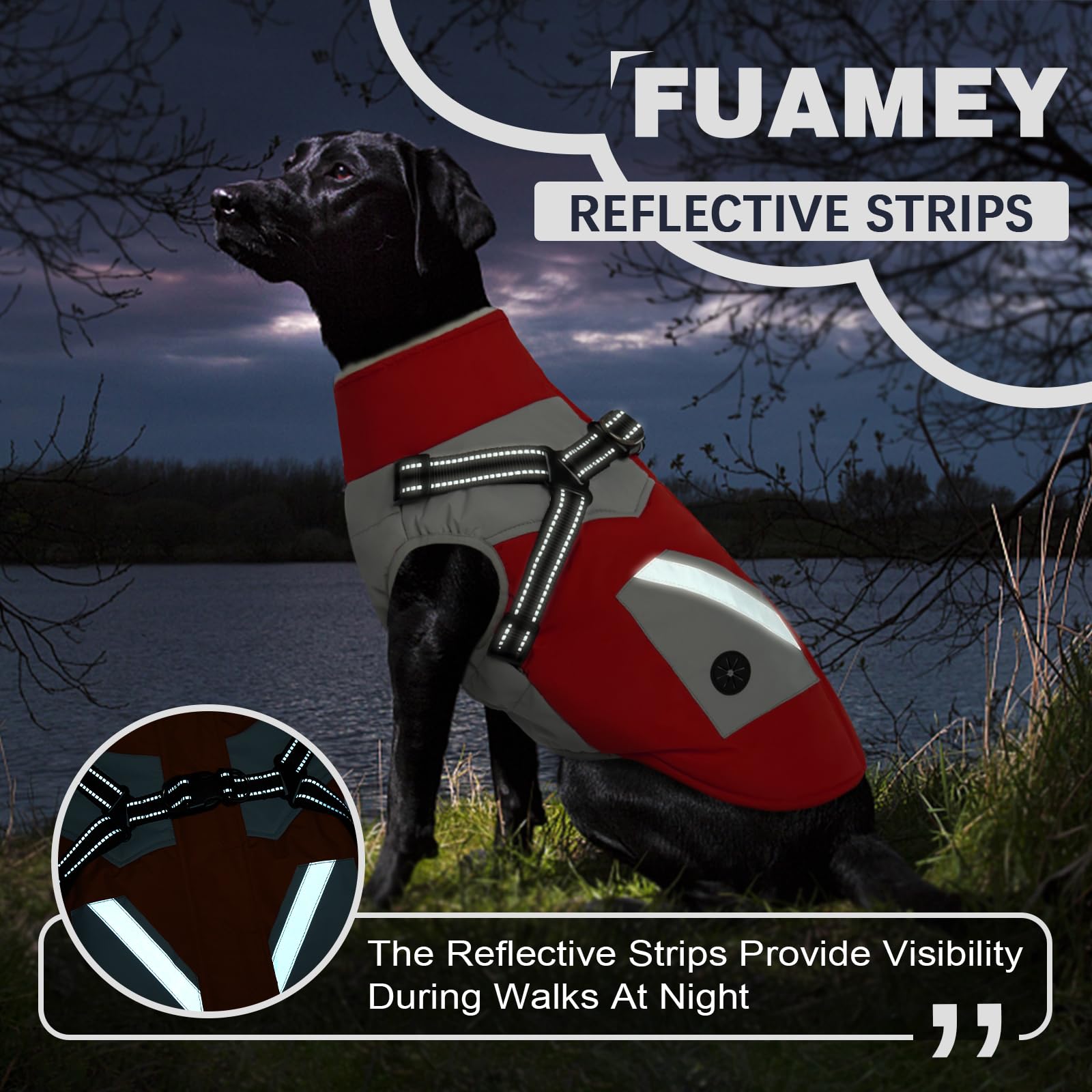 FUAMEY Dog Winter Jacket for Large Dogs, Waterproof Snowsuit, Reflective Vest, Red, with Harness & Pocket, Model C111-FUAMEY-521MF-2