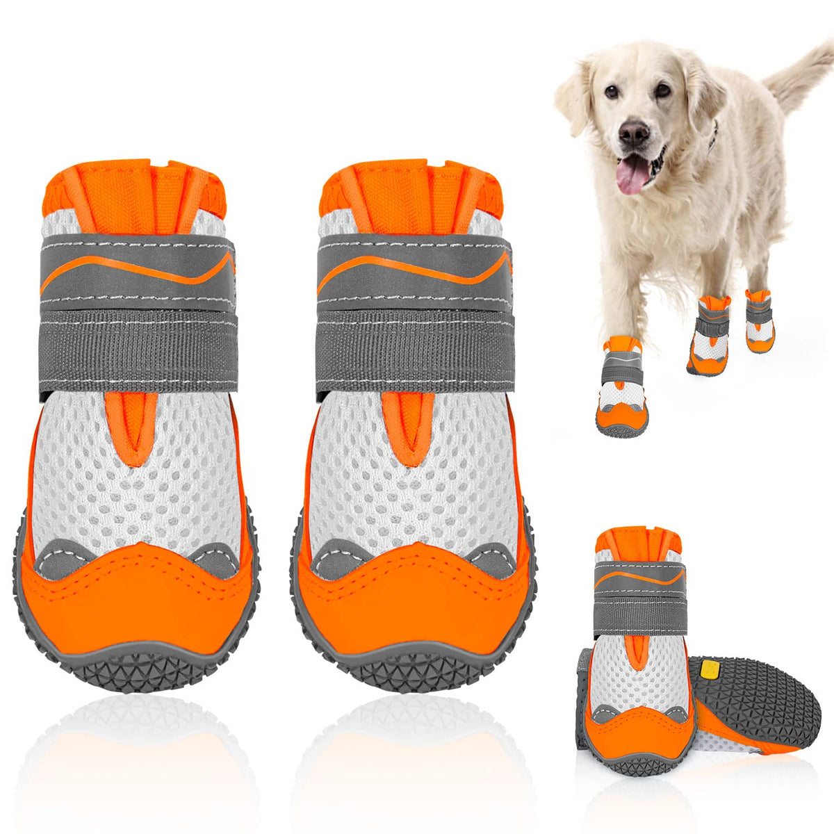 Slowton Breathable Dog Booties- Comfortable Non-Slip Rubber Sole Dog Shoes For Hot Pavement, Adjustable Dog Paw Protector With R