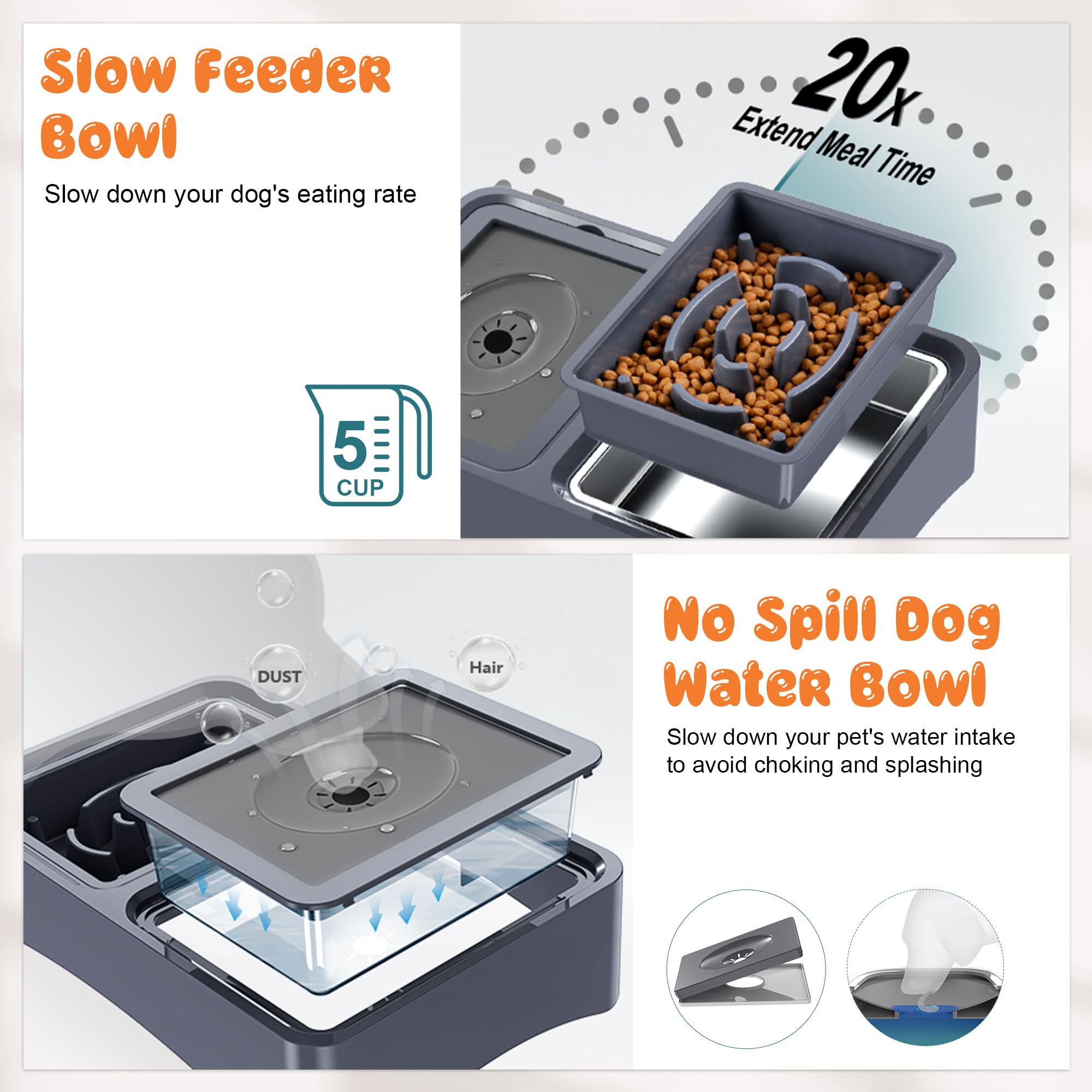 Decflow 3-In-1 Elevated Dog Bowls - 4 Height Adjustable, Stainless Steel, Slow Feeder, No Spill Water Bowl, Foldable For Medium