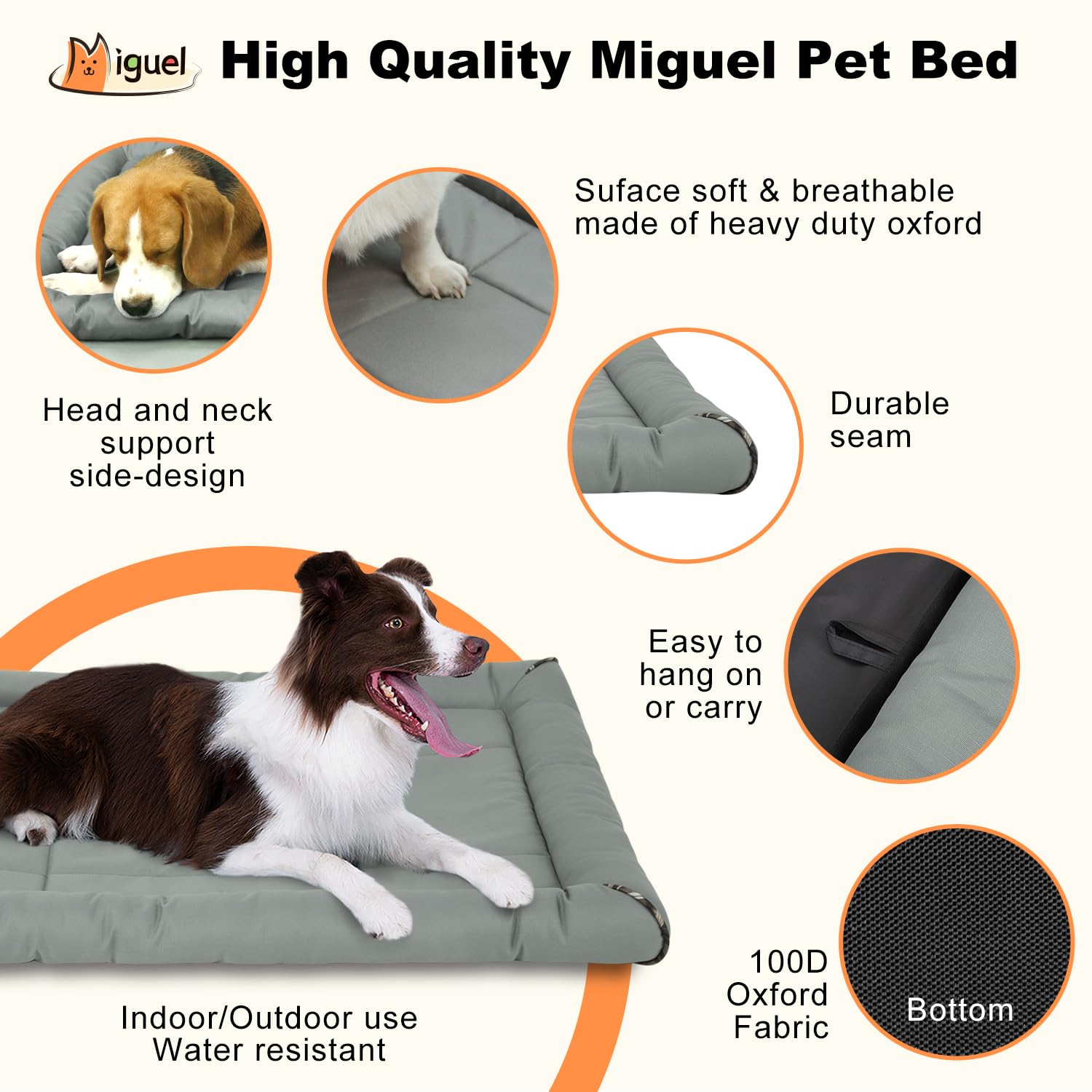 Miguel Outdoor Waterproof Dog Bed For Metal Dog Crates Water-Resistant Ripstop Oxford All Weather Pet Mat Durable Easy Wipe Clean Travel Indoor Outdoor Puppy Bed(42Inch Dog Crate,Gray)