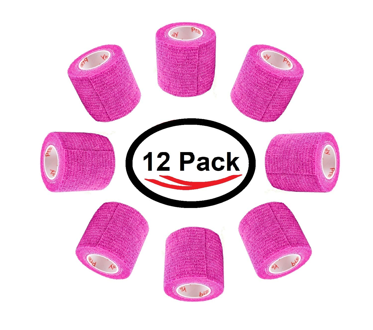 2 Inch Vet Wrap Tape Bulk (Fuchsia) (Pack of 12) Self Adhesive Adherent Adhering Flex Bandage Grip Roll for Dog Cat Pet Horse