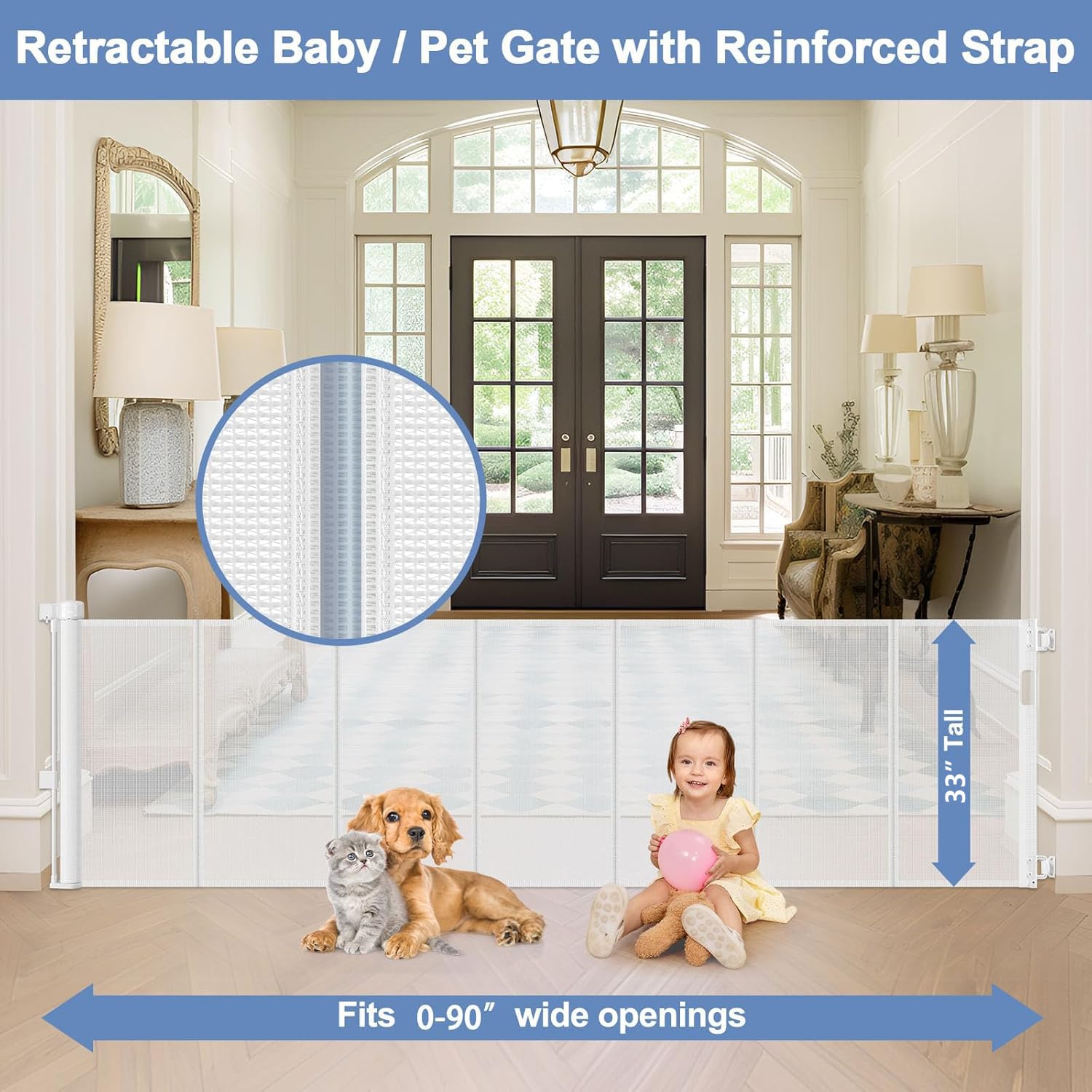 Reinforced 90 Inch Retractable Baby Gate for Doorways Extra Wide Outdoor Retractable Gate for Dog Reinforced Bottom to Prevent C