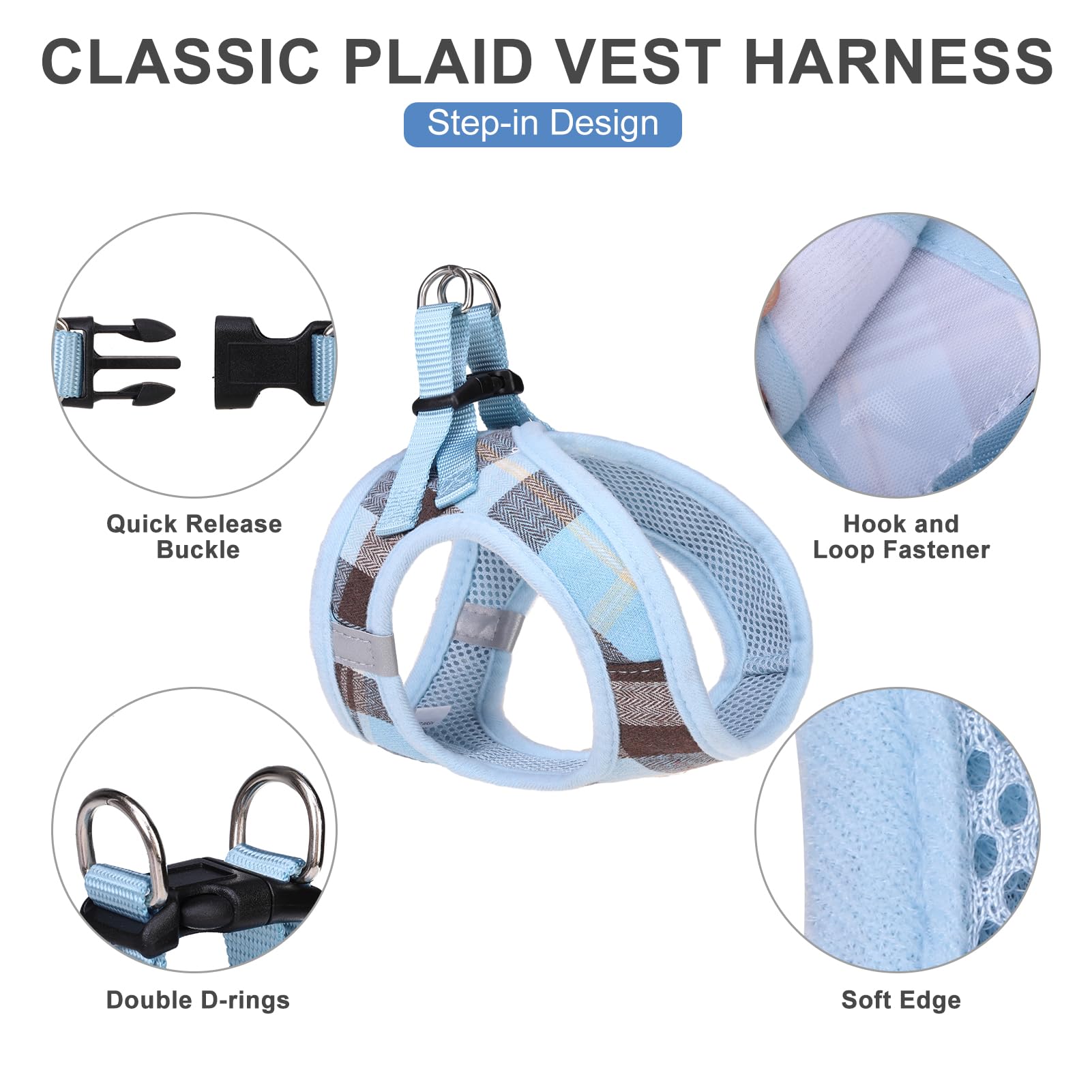 EXPAWLORER Classic Plaid Step in Dog Harness - Small Dog Collar and Leash - Soft Mesh Padded Adjustable Dog Vest Harness No Pull