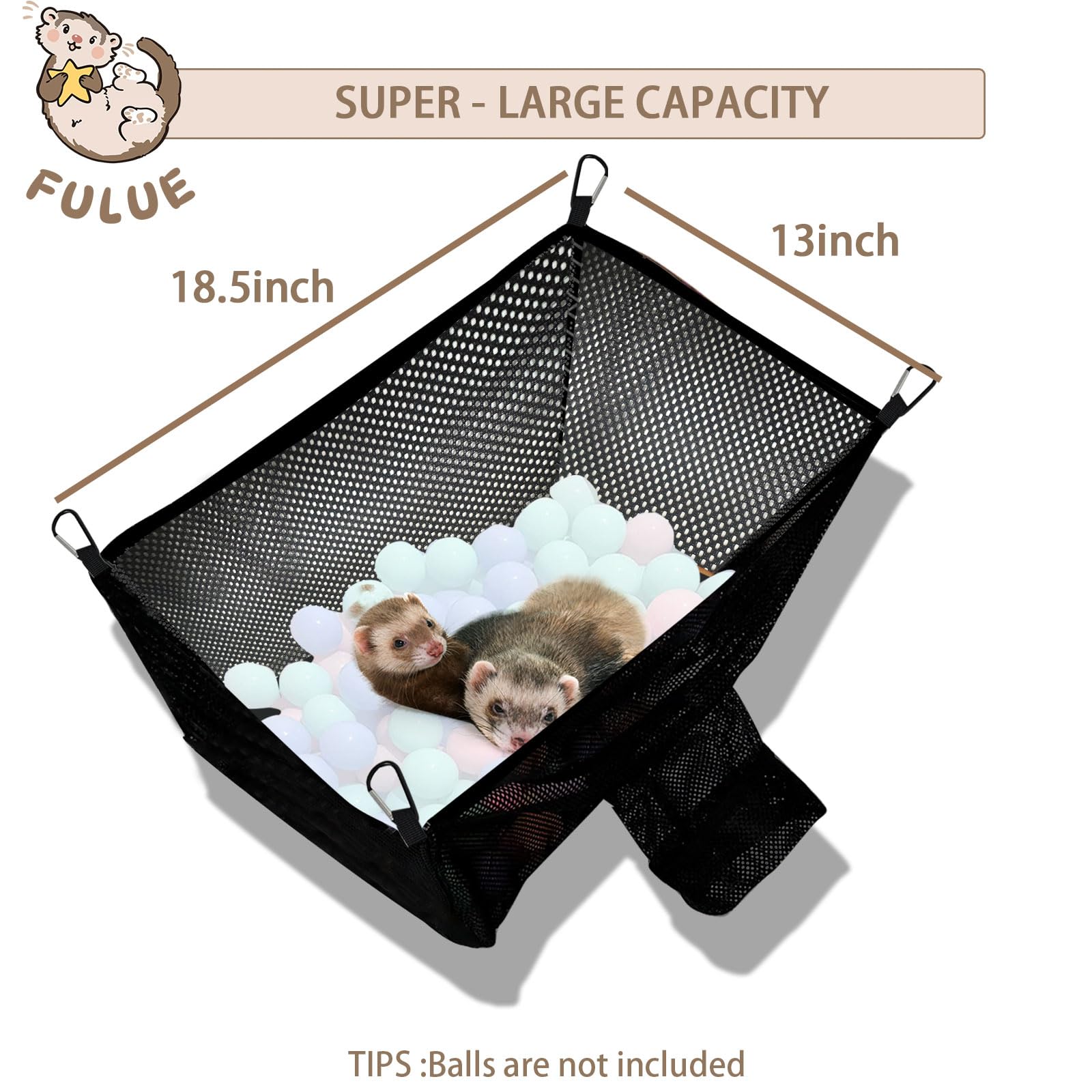 FULUE Ferret Ball Pit Hammock Playpen Toy Box for Cage, Compatible with Tunnel System, Black, Ball Not Included
