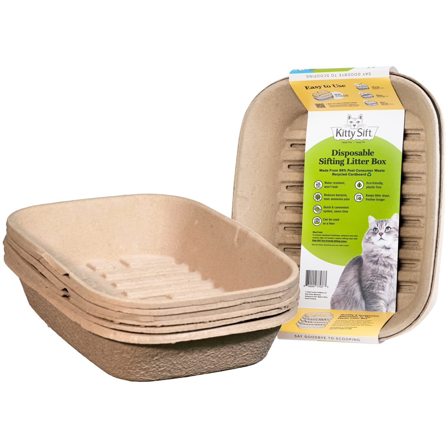 Kitty Sift (Set Of 1 Litter Box & 5 Sifting Liners) Sustainable, Clean, Sifting, Disposable Cat Litter Box Kit - Large, 6-Set Kit