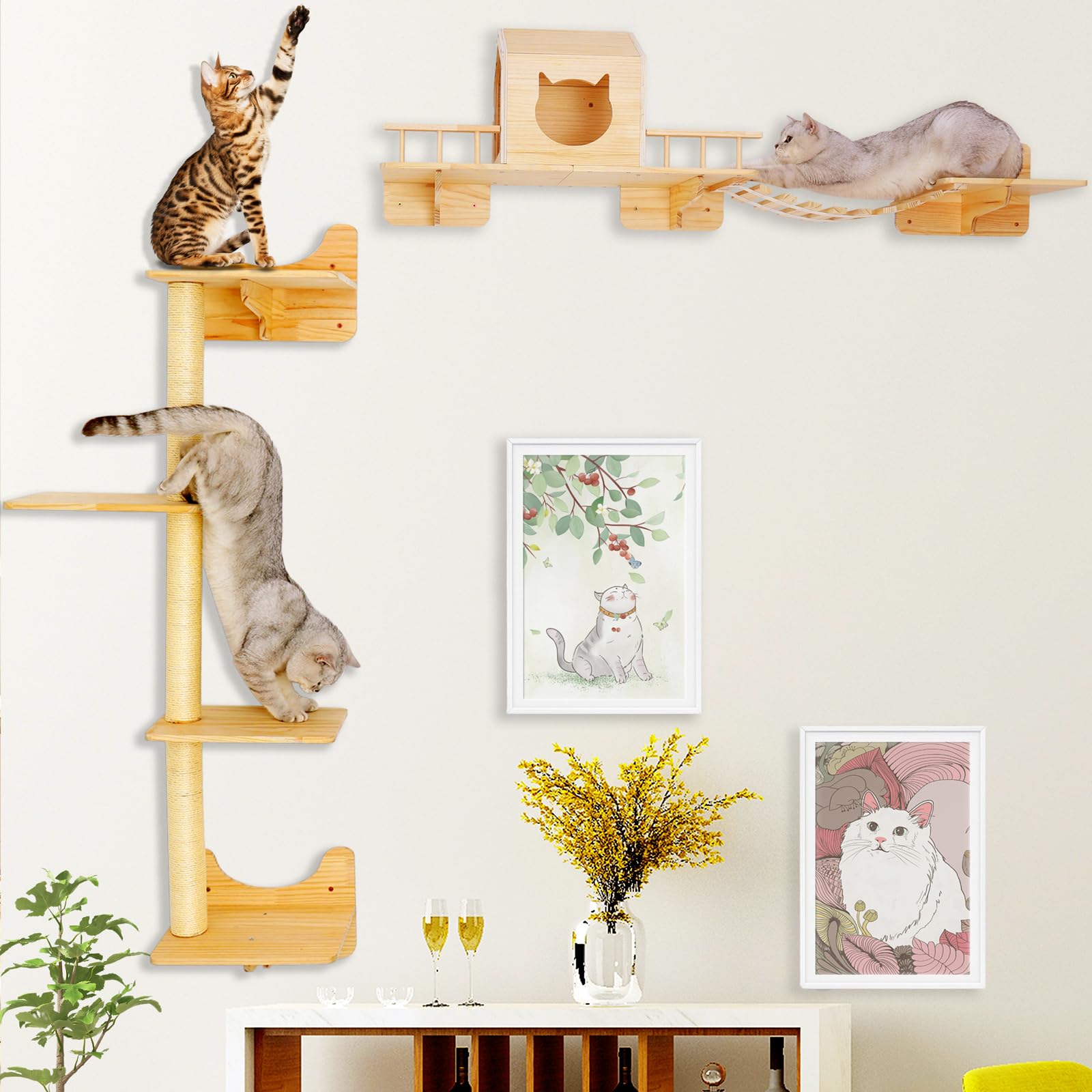 Cat Shelves For Wall, Climbing Shelves Wall-Mounted Furniture Set, Shelf With 1 House, 1 Bridge Ladder, 3 Scratching Posts And 5
