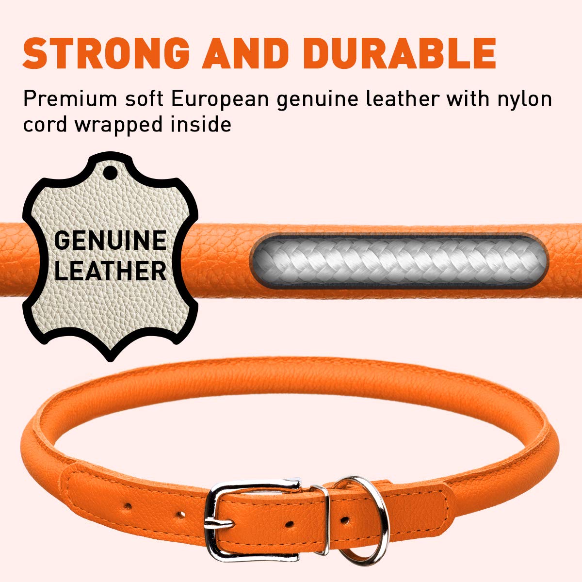 Dogline Rolled Leather Dog Collar - For Small, Medium And Large Breeds - Soft And Padded Round Luxury Design W3/8'' - L16-19, Or