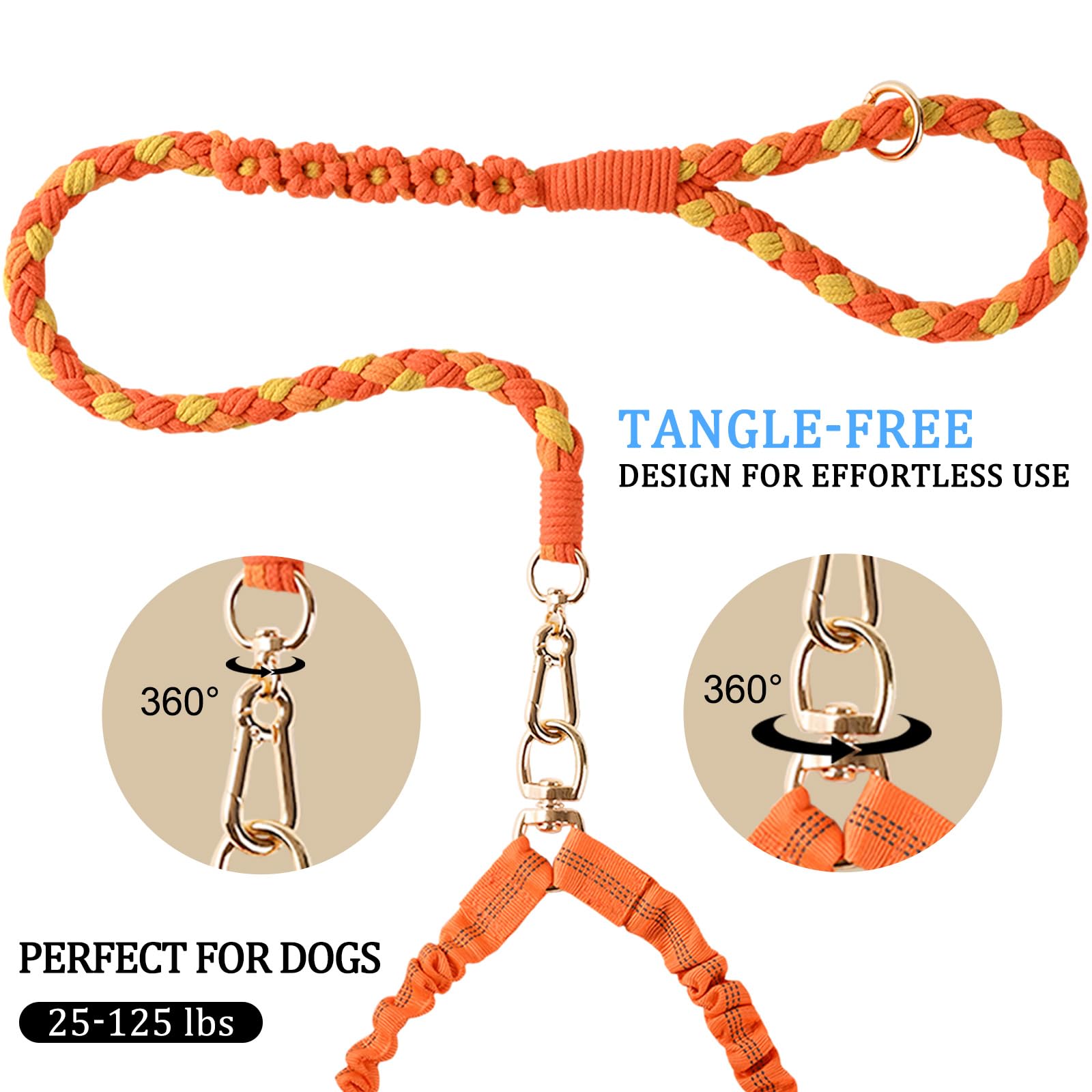 Dual Dog Leash,Double Dog 360 Swivel No Tangle Walking Leash,Comfortable Shock Absorbing Reflective Bungee For Two Dogs(Orange)