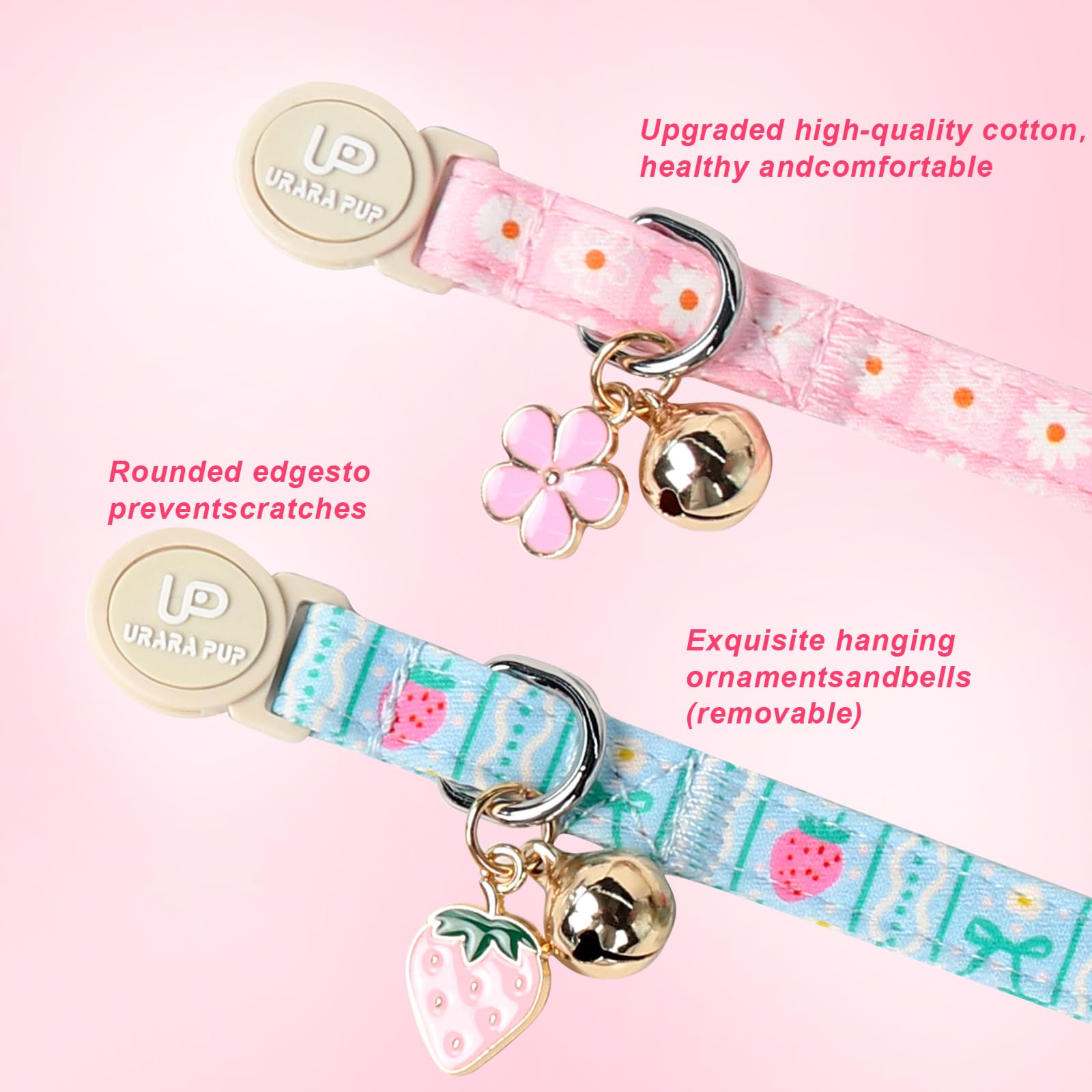 Up Urara Pup Cat Collar, Pack Of 2 Summer Kitten Collars-Cute Lime And Strawberry Pendants-Breakaway Kitty Collars,Cat Collar Wi
