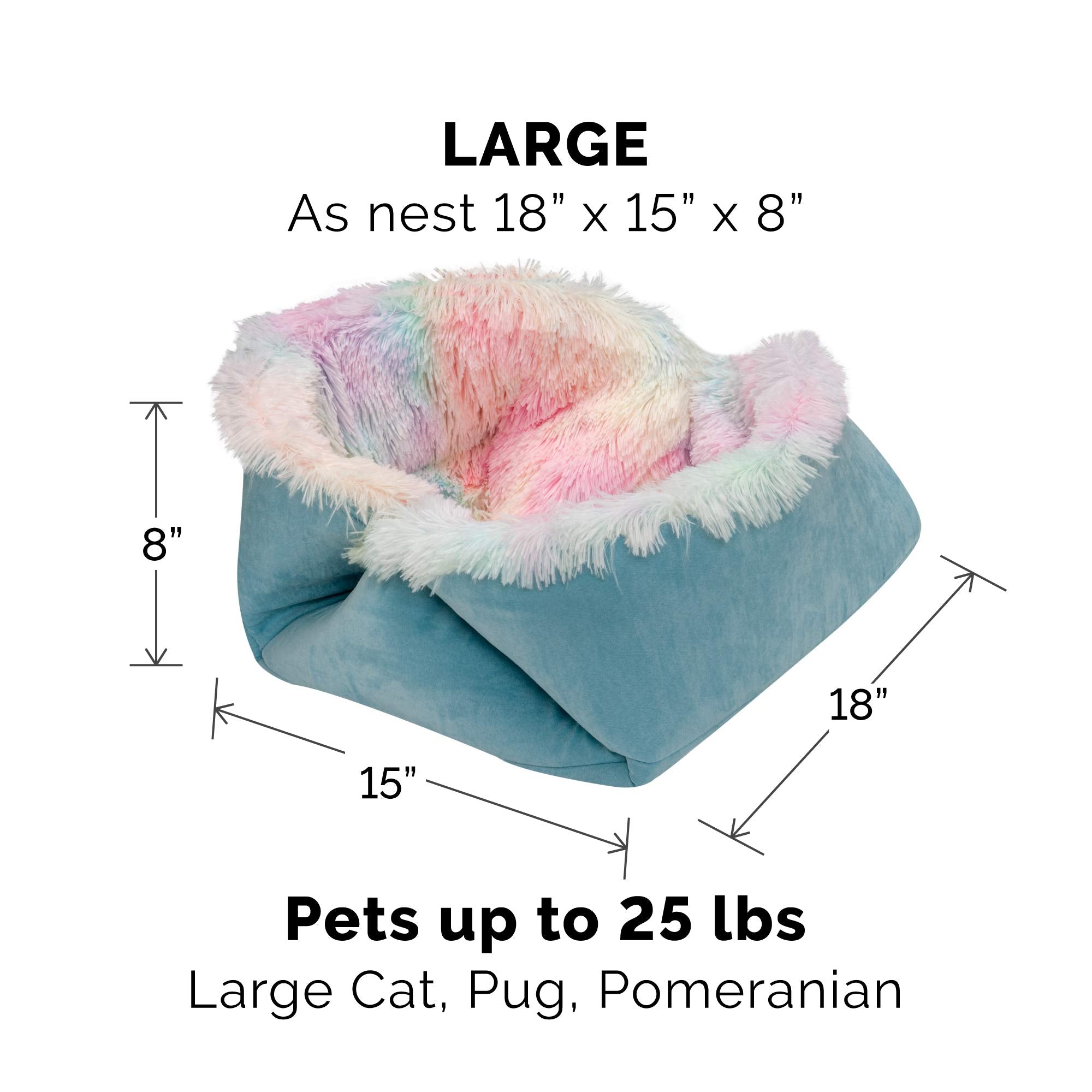 Furhaven Self-Warming Cat Bed for Indoor Cats, 4-Beds-in-1 & Washable - Plush Long Faux Fur Convertible Cuddler - Rainbow, Large