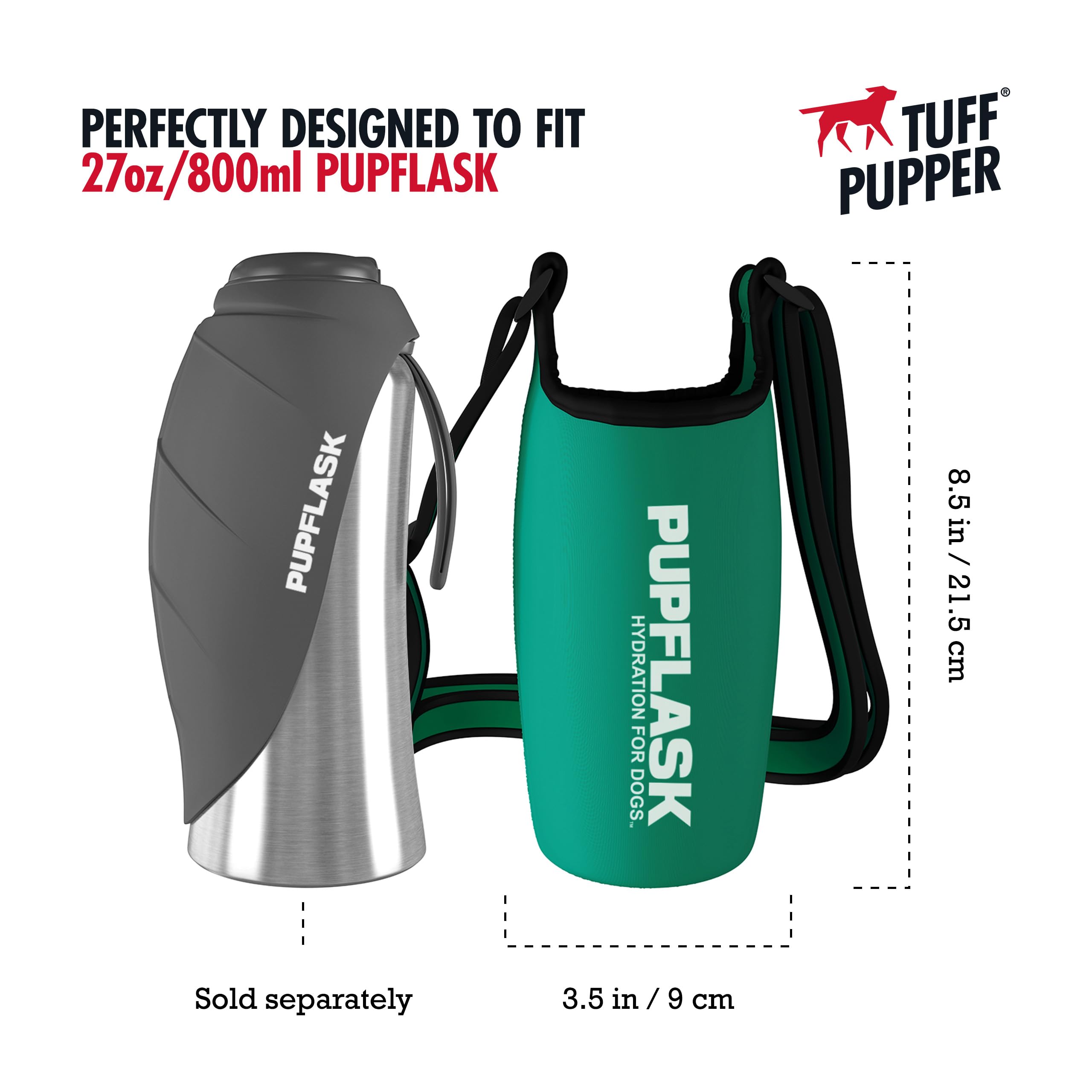 Tuff Pupper Pupflask Insulated Neoprene Dog Water Bottle Holder Sling With Wide Adjustable Shoulder Strap, Great For Travel, Walking, Hiking, Portable Pet Water Bottle Holder (27 Oz, Quetzal Green)