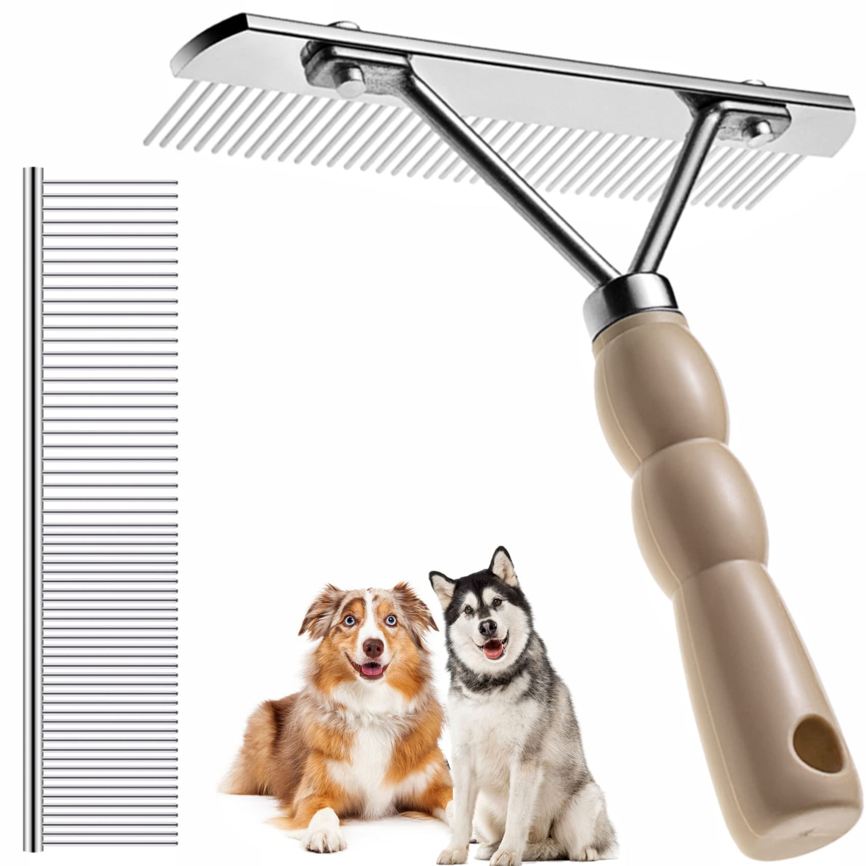 Dog Rake For Undercoat, Pet Grooming Set Long-Tooth Metal Brush & Stainless Steel Shedding Comb For Big Dogs Long-Haired Cats Ho