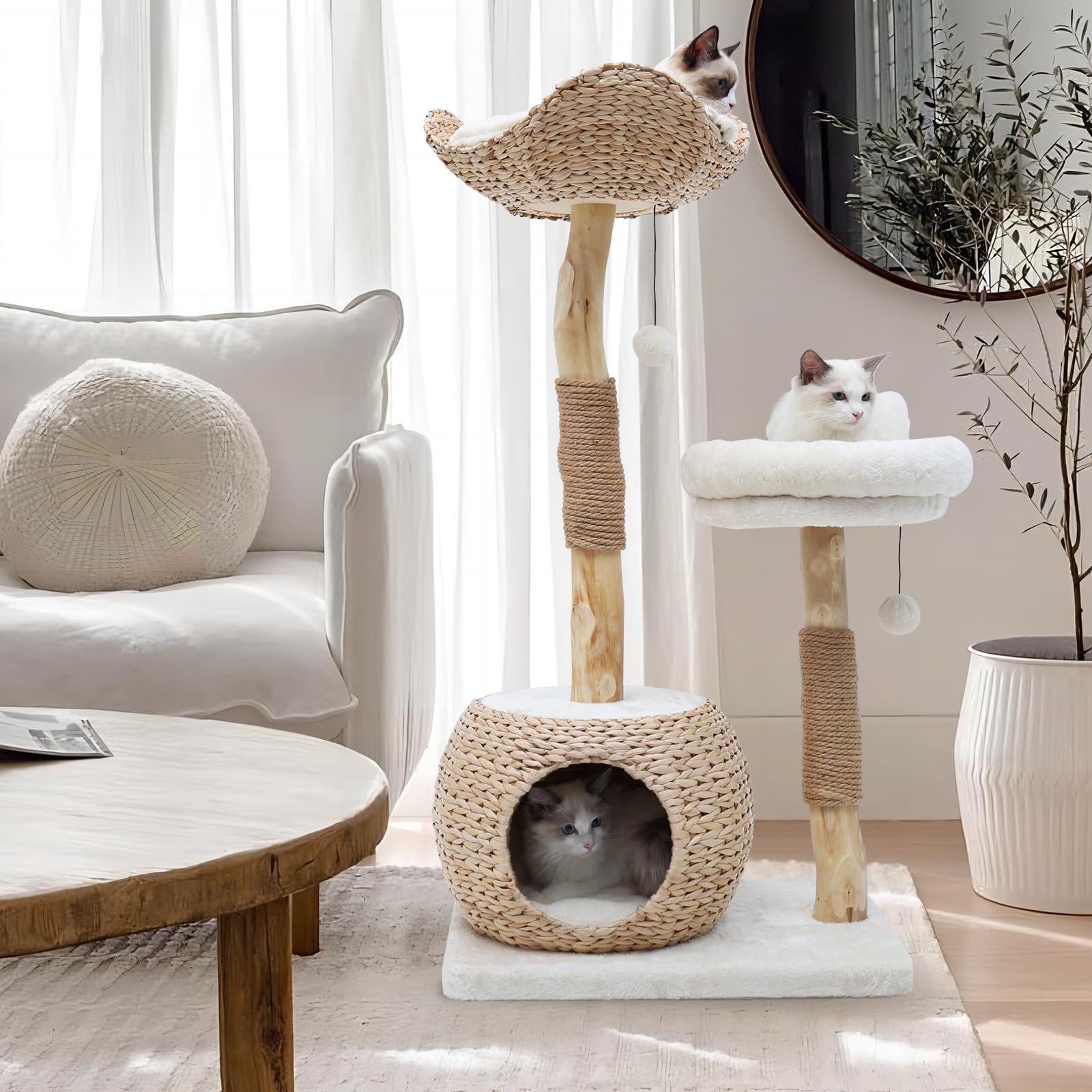Kulamoon Modern Cat Tree Tower For Indoor Cats, Real Branch Luxury Cat Condo With Scratching Post, Jumping Platforms, Hanging To