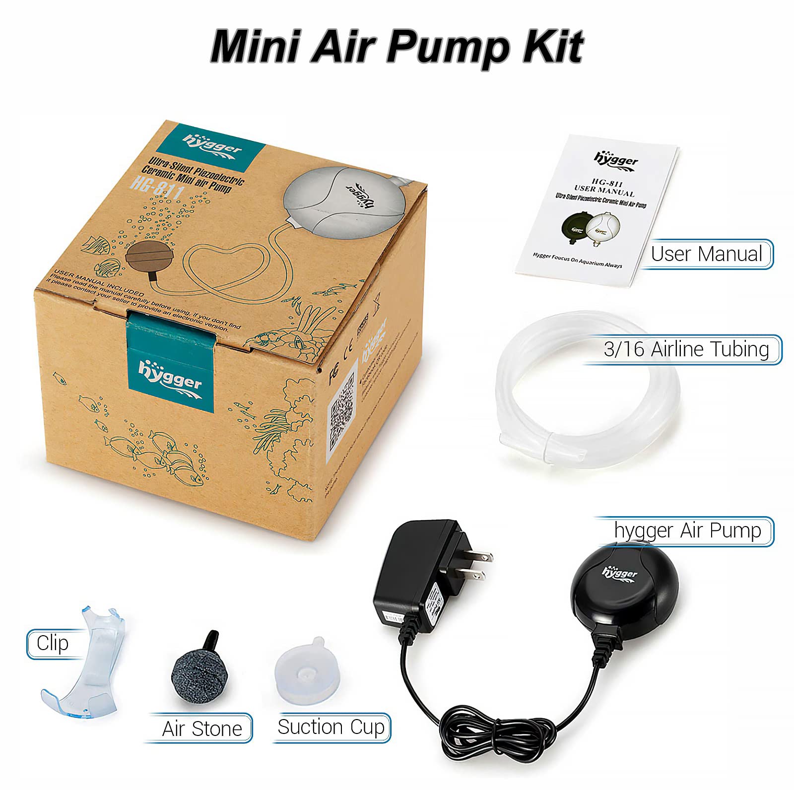 Hygger Quiet Mini Air Pump For Aquarium 1.5 Watt Oxygen Fish Air Pump For 1-15 Gallon Fish Tank With Air Stone Air Tubing Clip Black