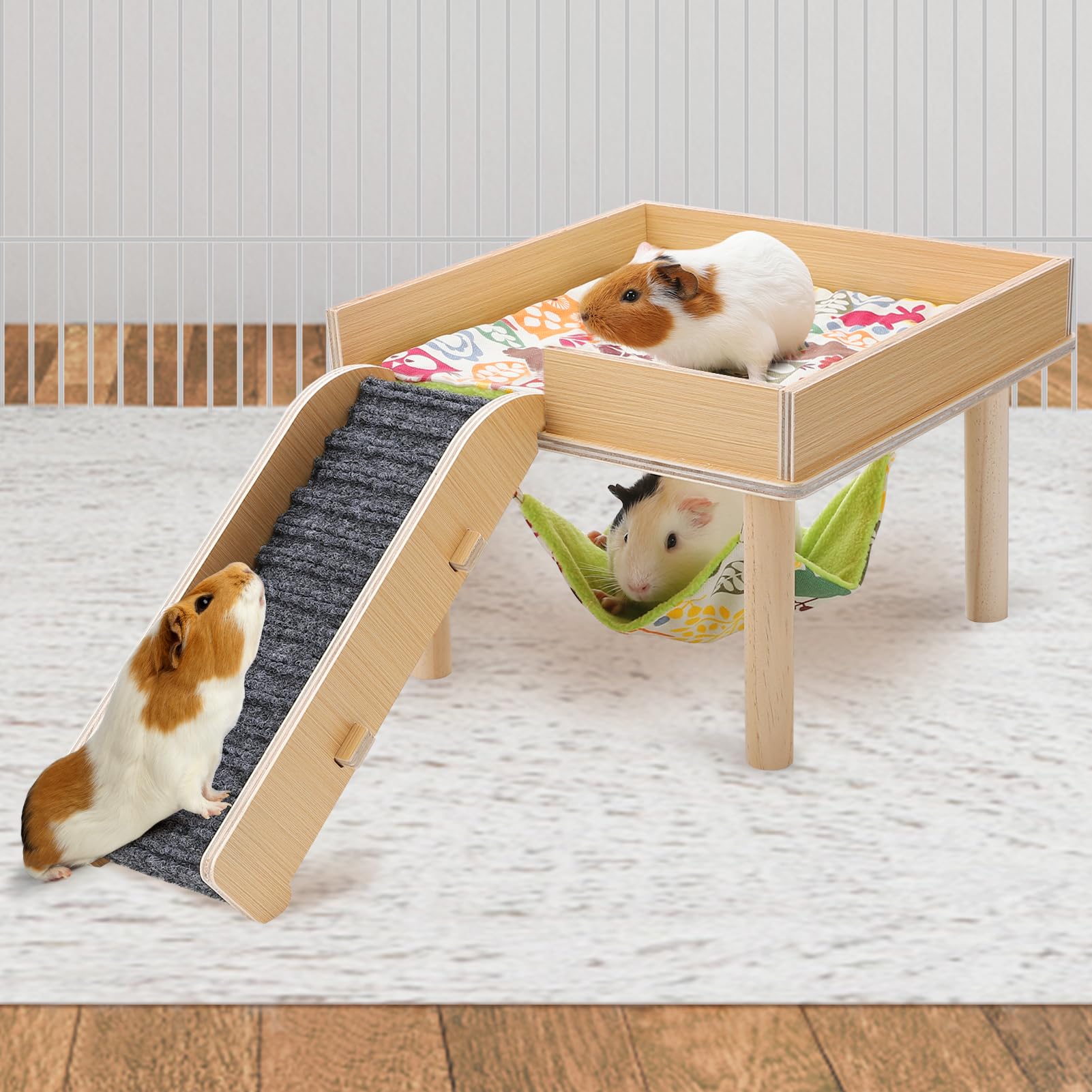 Guinea Pigs Hammock With Platform, Safe Wooden Guinea Pig Hideout With Stairs, Durable Small Pet Bed For Piggies Chinchilla Rat 