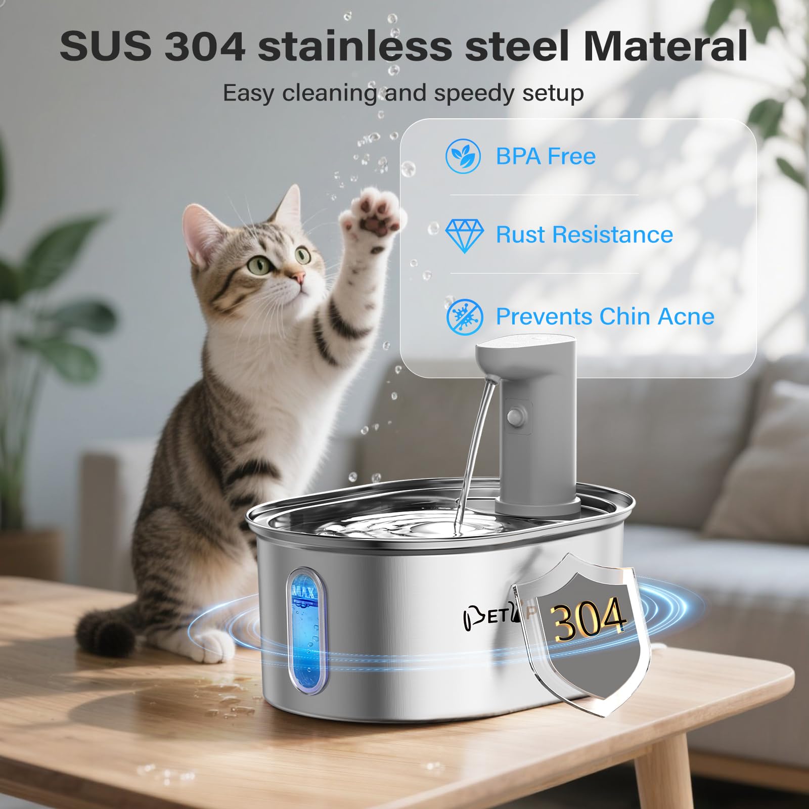 Cat Water Fountain Wireless Cordless, Stainless Steel Automatic Pet Water Fountain With Motion Sensor, 5000Mah Battery Operated