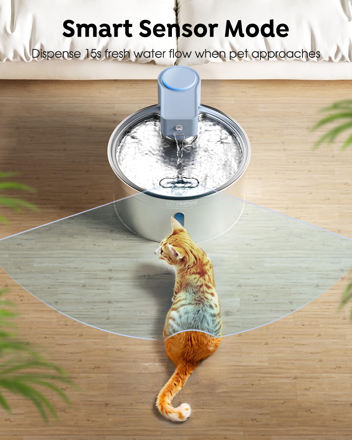 Veehoo 5L/169Oz Wireless Stainless Steel Cat Water Fountain 5000Mah Battery Operated Rechargeable Pet Dog Water Dispenser Indoor