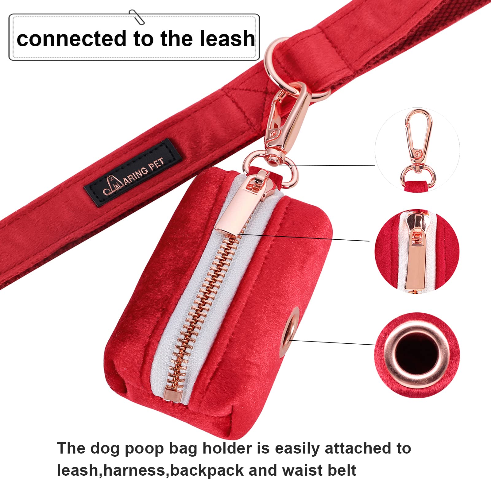 Aring Pet Dog Waste Bag Dispenser, Soft Doggy Poop Bags Holders Attach To Any Leashes, Velvet Portable Washable Red Pet Waste Po
