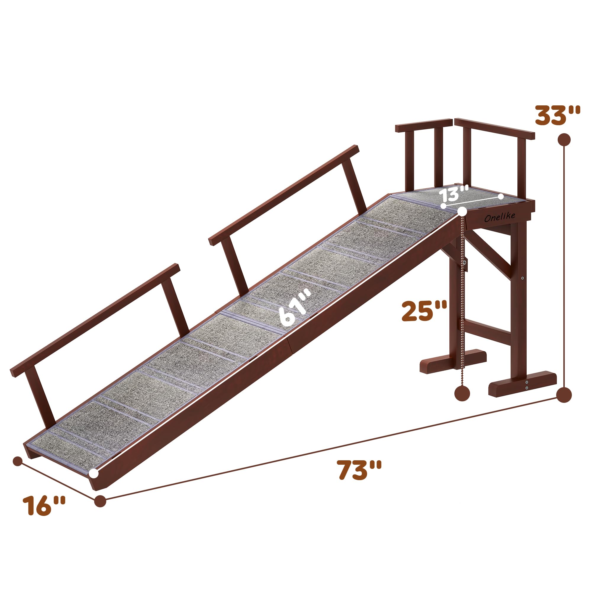 Onelike Wooden Dog Ramp For Bed With Removable Side Rail And Non-Slip Carpet, Stable Pet Ramp Stair For Couch Sofa For Small & L