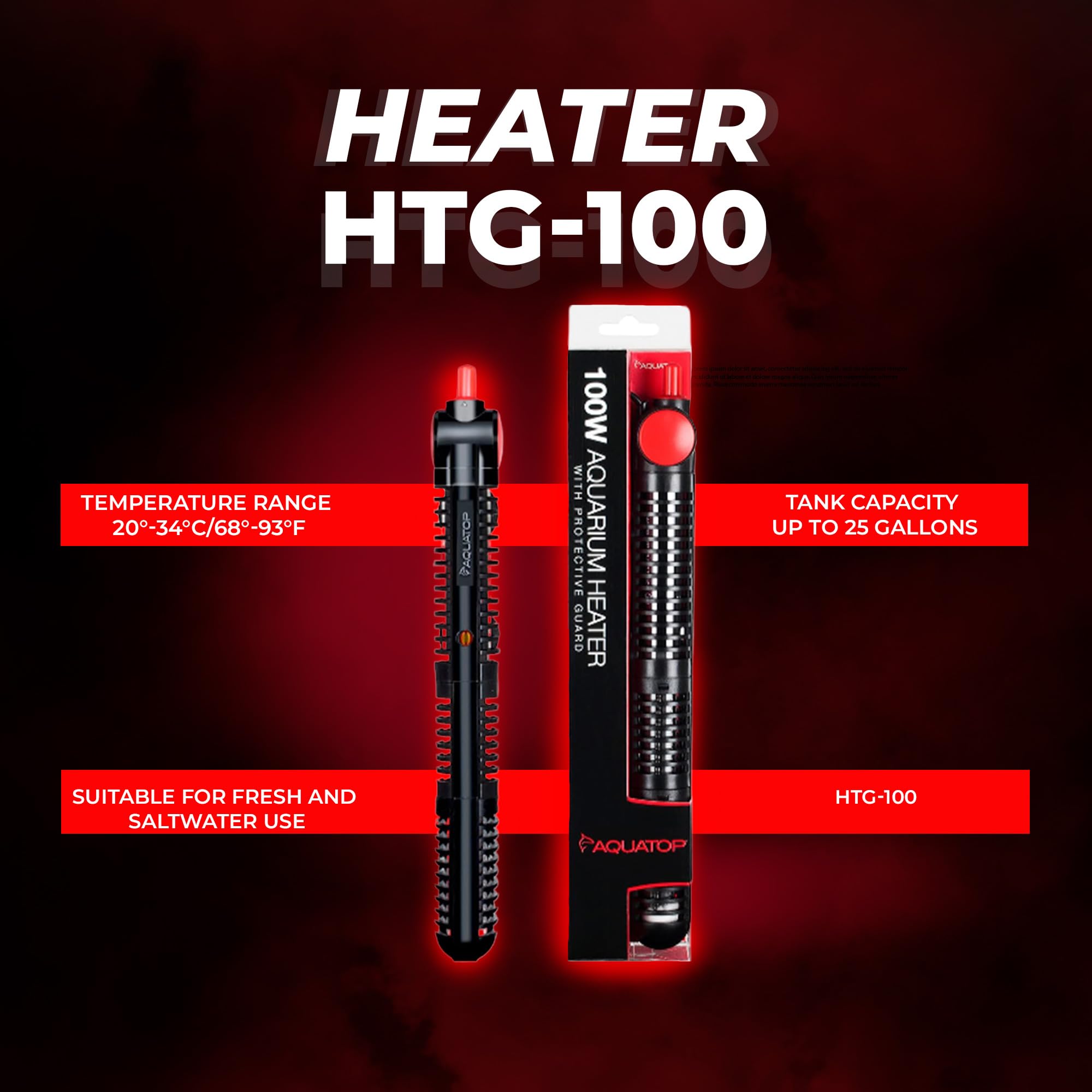 Aquatop 100W Premier Glass Heater with Guard - Submersible for Fish Tanks Up to 25 Gallons - 68-93F Adjustable Temp - Fresh & Sa