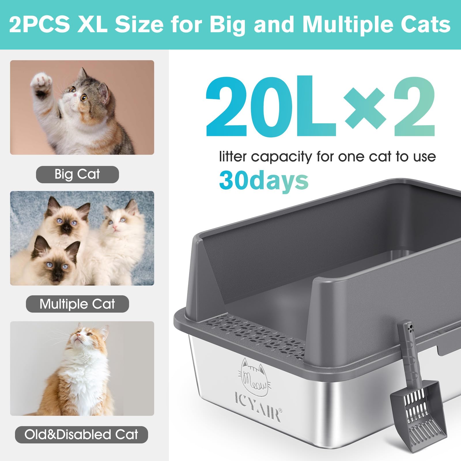 2Pack Stainless Steel Cat Litter Box With High Sides Lid, Extra Large Xl Litter Box For Big Cats, Metal Kitty Litter Boxes With