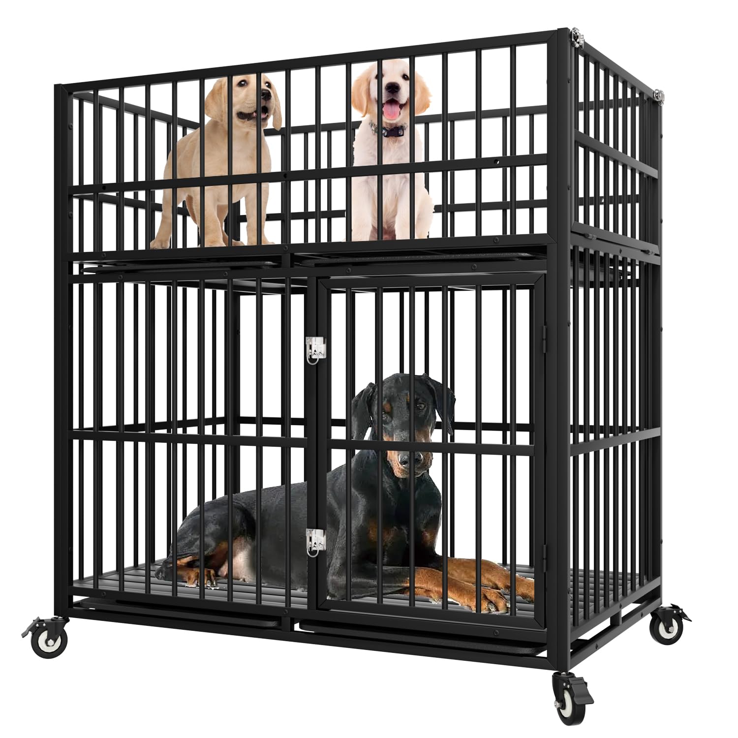 48 Inch Heavy Duty Indestructible Dog Crate, Strong Steel Escape-Proof Double Sub-Mother Breeding Cage For Large Dogs, Impact Ch