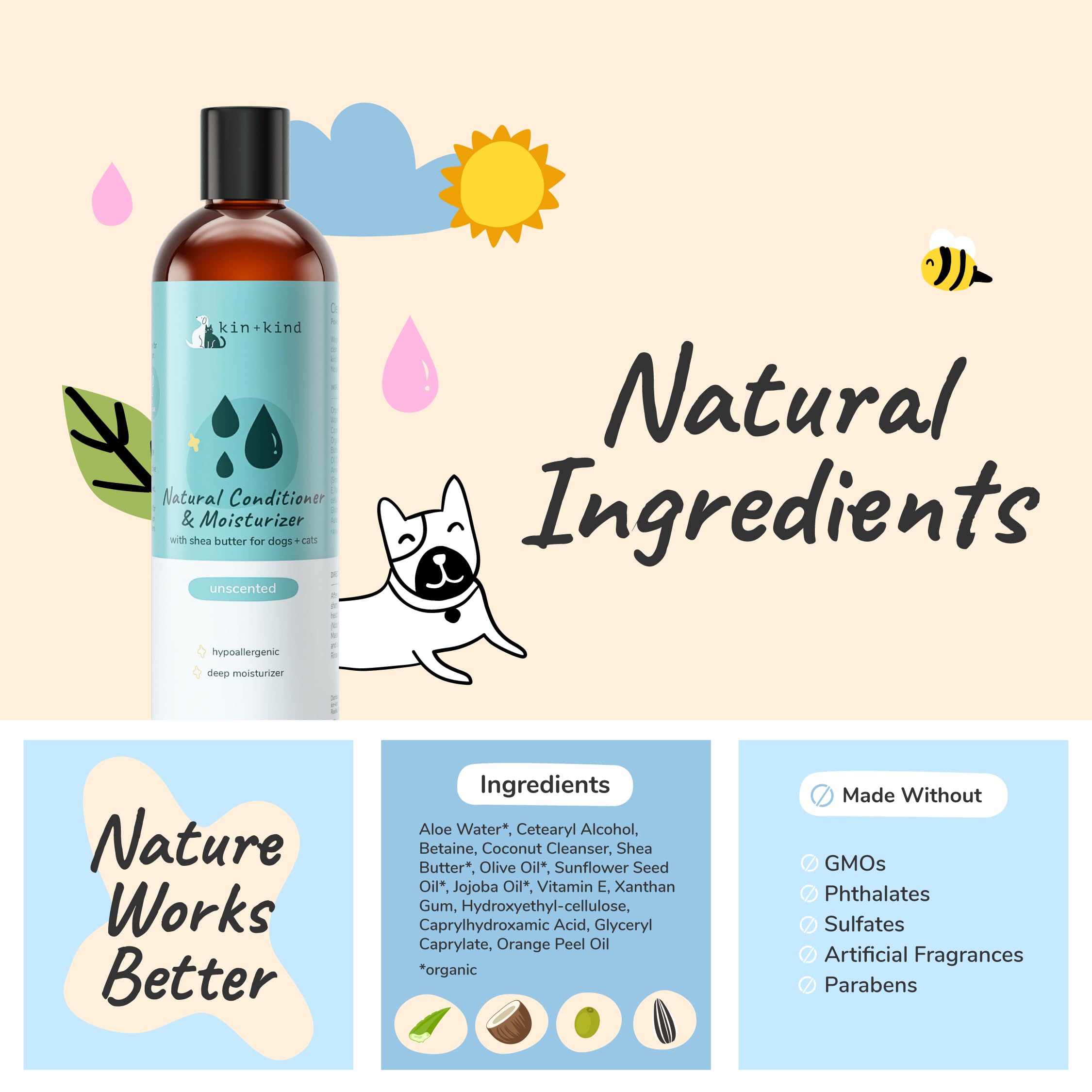 kin+kind Cat & Dog Conditioner with Shea Butter, Aloe & Betaine - All-Natural Pet Supplies to Moisturize, Soften & Restore Coat,