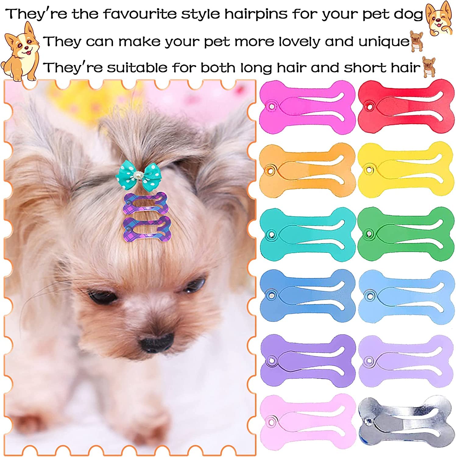 Pet Show 50Pcs/25Pairs Hair Clips For Small Dogs Cute 1 Inch Puppy Barrettes Mini Bone Shaped Snap Hair Bows Pet Grooming Hair A