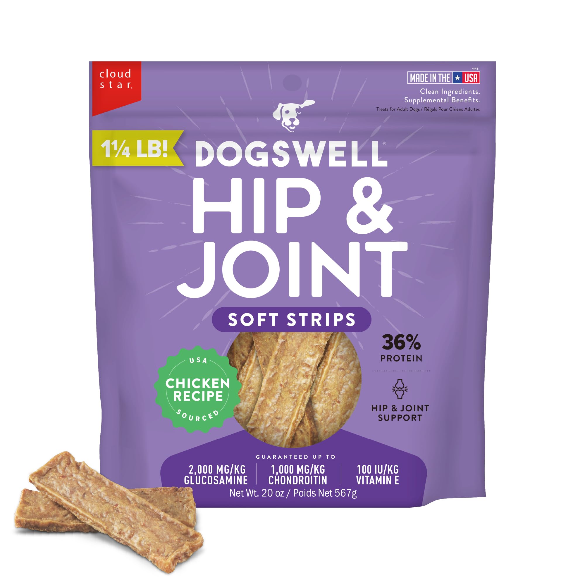 DOGSWELL Hip & Joint Dog Treats 100% Meaty, Grain Free, Glucosamine Chondroitin & Omega 3, Chicken Soft Strips 20 oz