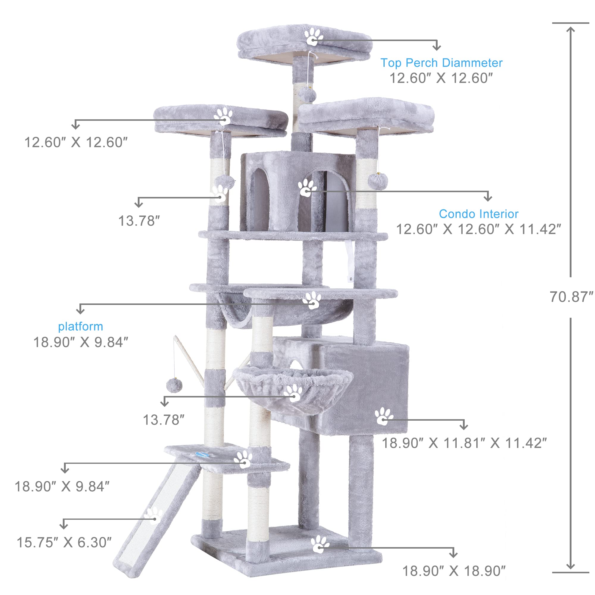 Hey-Brother Cat Tree, 71 Inches Xl Large Cat Tower For Indoor Cats, Multi-Level Cat House With 3 Padded Perches, Big Scratcher, Cozy Basket, 2 Cat Condos And Scratching Posts, Light Gray Mpj034W