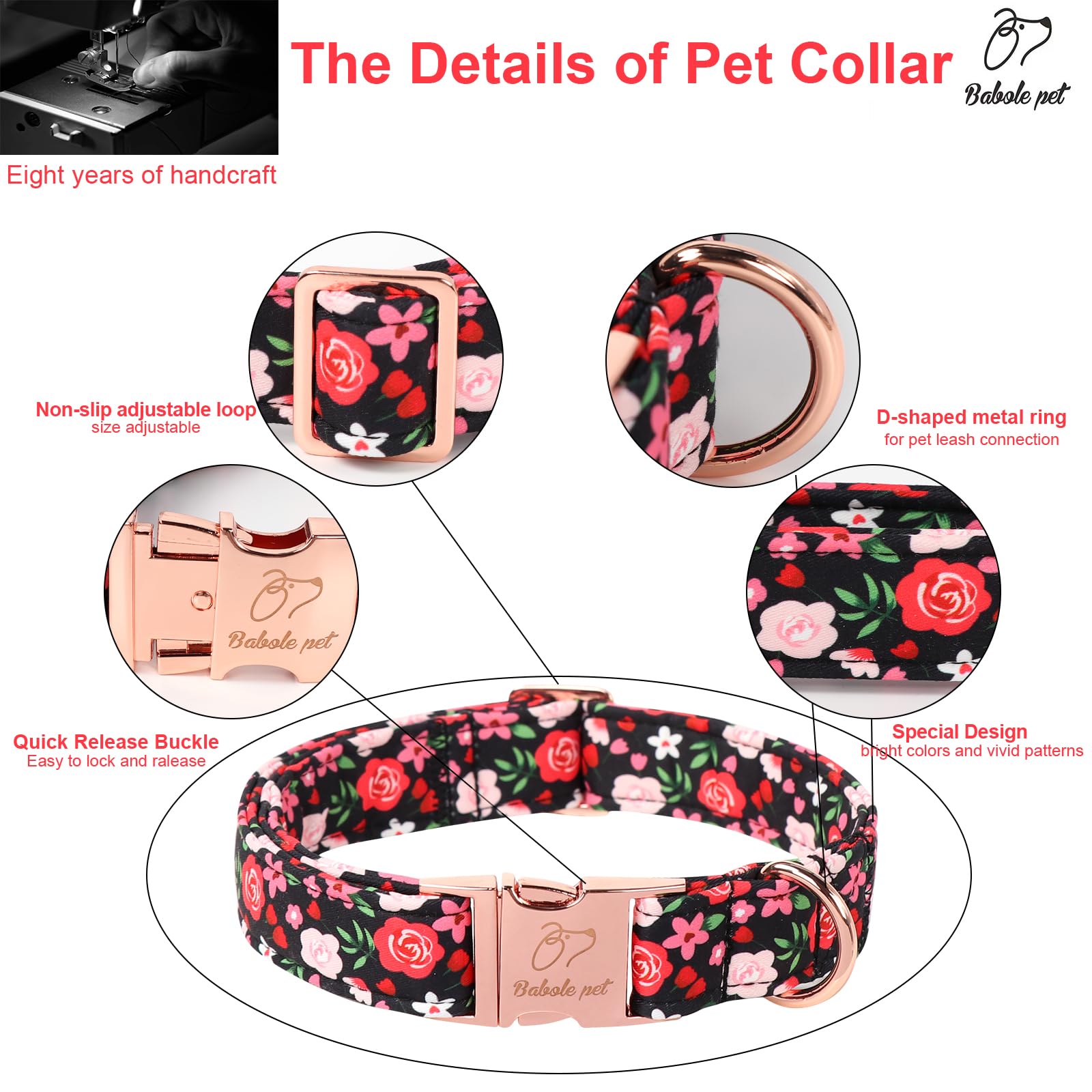 Babole Pet Vintage Dog Collar - Adjustable Black Floral Dog Collars For Medium Dogs Male Female Pet Soft Padded Metal Buckle Col