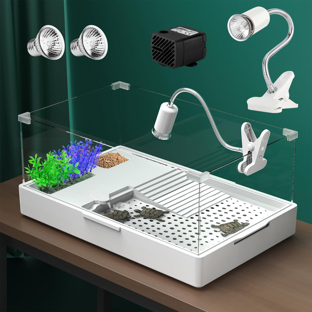 Geegoods Turtle Tank Kit With Light And Water Pump, Platform Plants For Pet Turtle Reptile Habitat (23.6''14.2''10.4'')