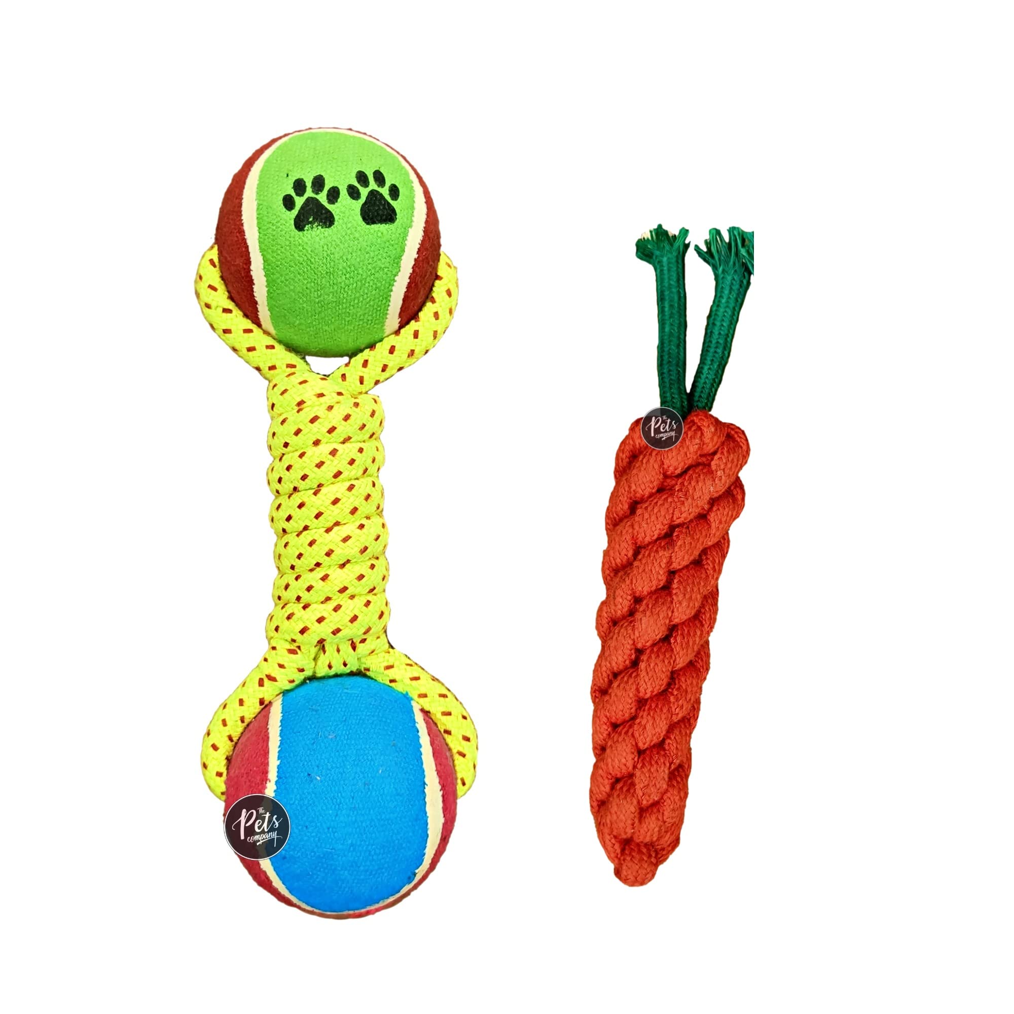 The Pets Company Dog Rope Toys for Puppy Teething & Training (Carrot + Tennis Ball Dumbell), Dog Toy Combo of 2 for Medium & Sma