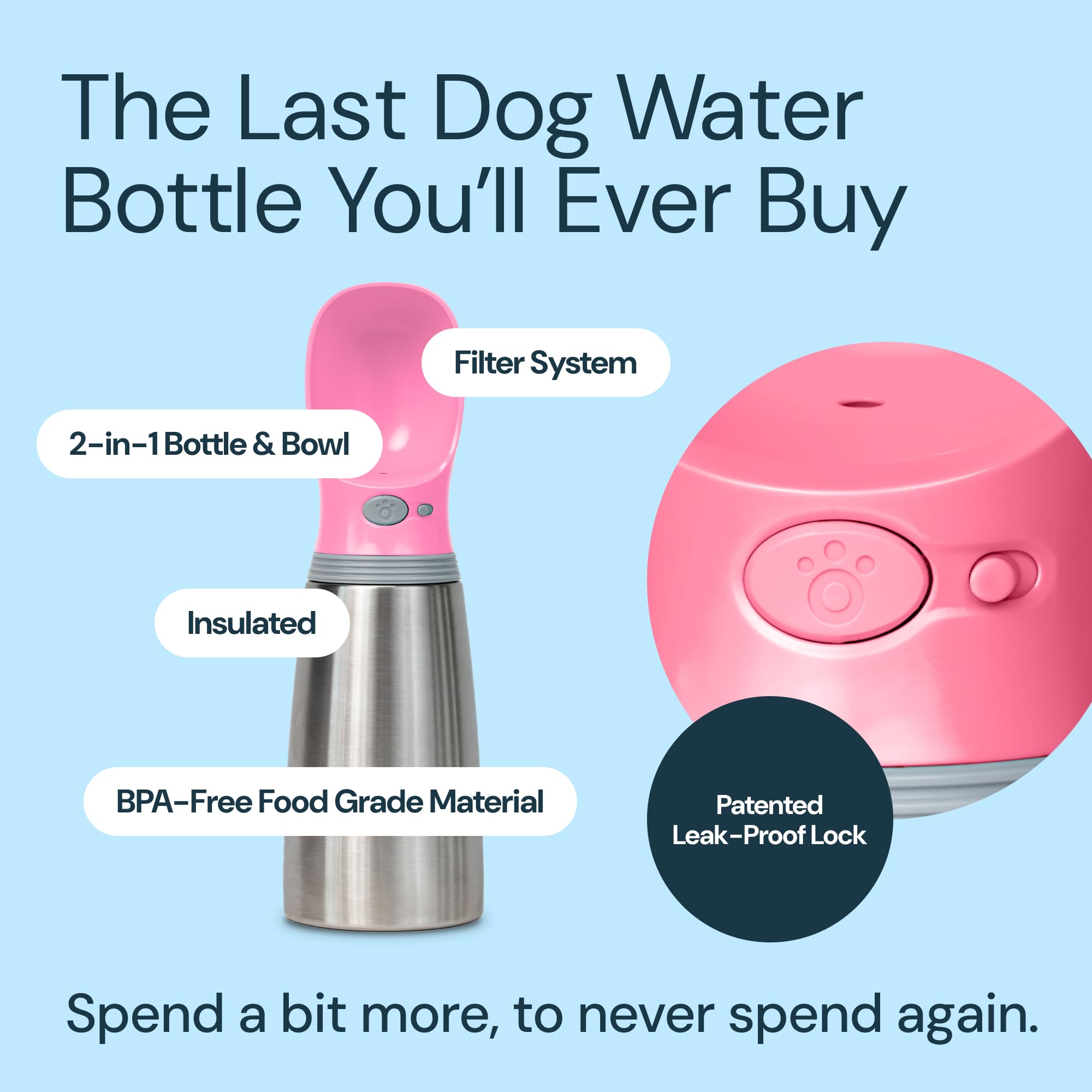 MalsiPree 24oz Stainless Steel Dog Water Bottle - Leak-Proof, Portable with Pink Bowl for Puppy & Dog Travel