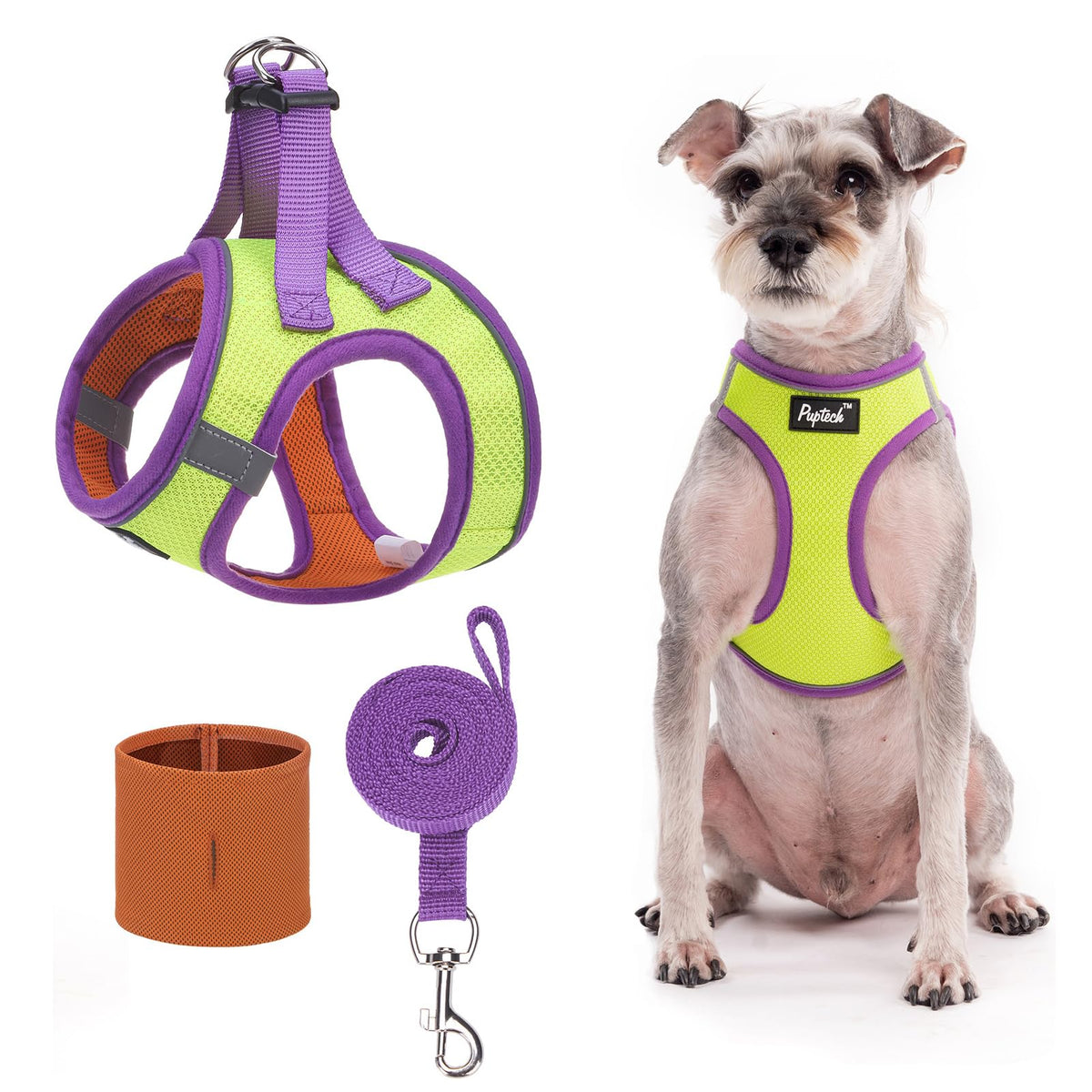 Pupteck Adjustable Dog Harness Collar And Leash Set Step In No Pull Pet Harness For Small Medium Dogs Puppy And Cats Outdoor Walking Running, Soft Mesh Padded Reflective Vest Harnesses, Greenyellow M