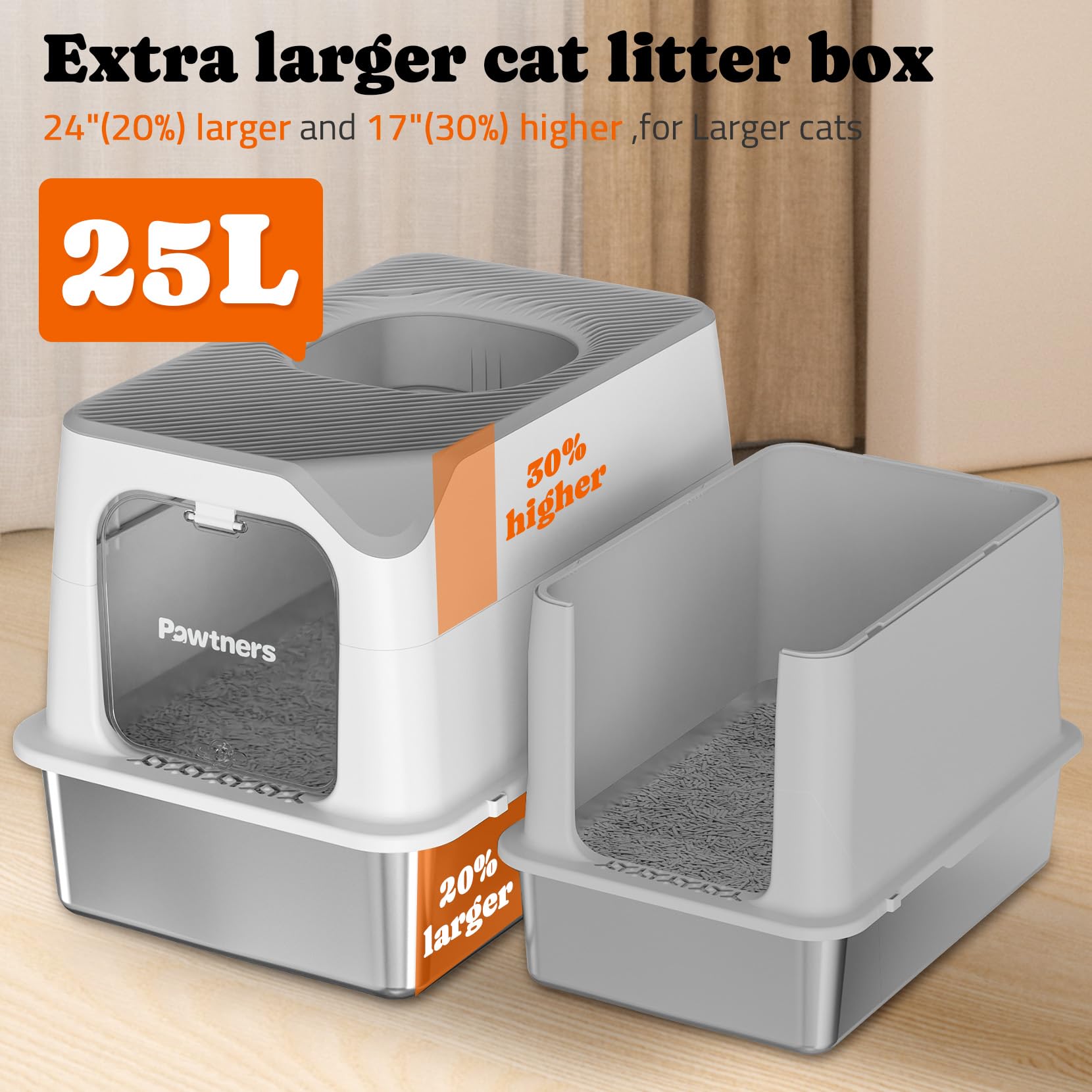 Pawtners Stainless Steel Cat Litter Box, Xl Extra Large Kitty Litter Pan, Front Entry Top Exit Enclosed Metal Cat Toilet For Odo