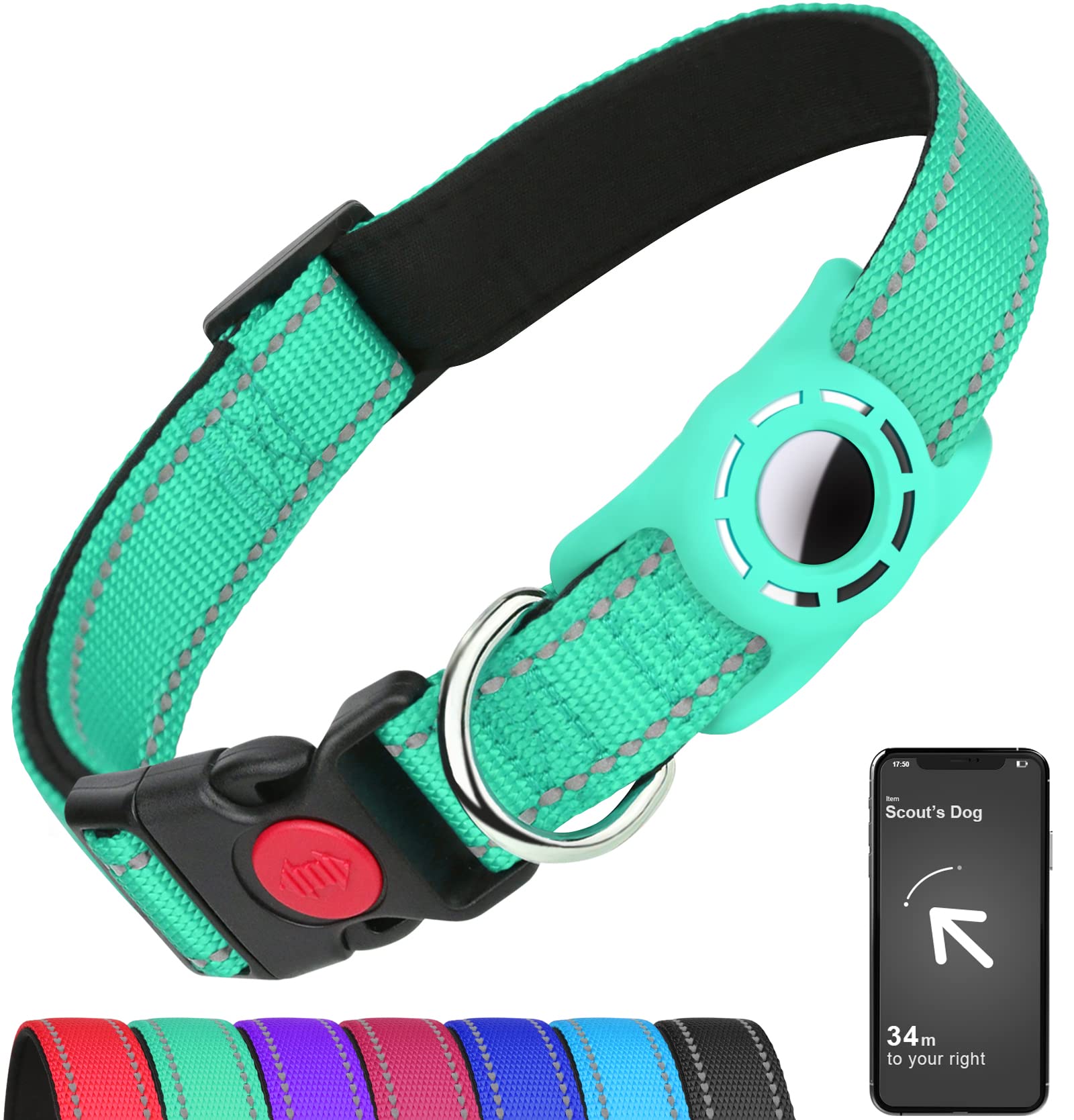 Erbine Airtag Dog Collar For Medium Dogs, Reflective Dog Collars With Airtag Holder, Soft Padded & Safety Locking Buckle, Nylon Pet Collar Adjustable For All Breeds, Teal