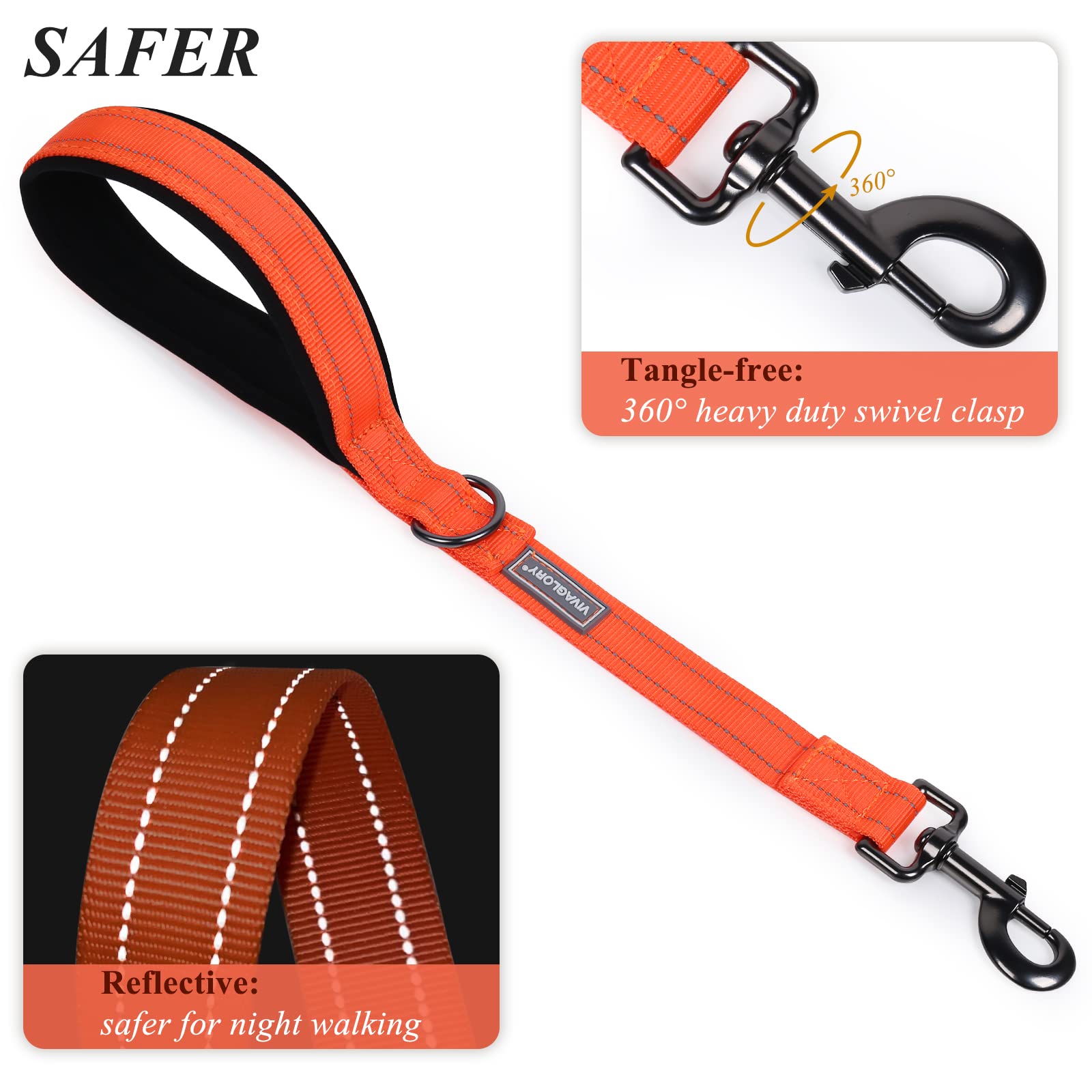 Vivaglory Short Dog Leash For Medium & Large Dogs, 18Inch, Orange