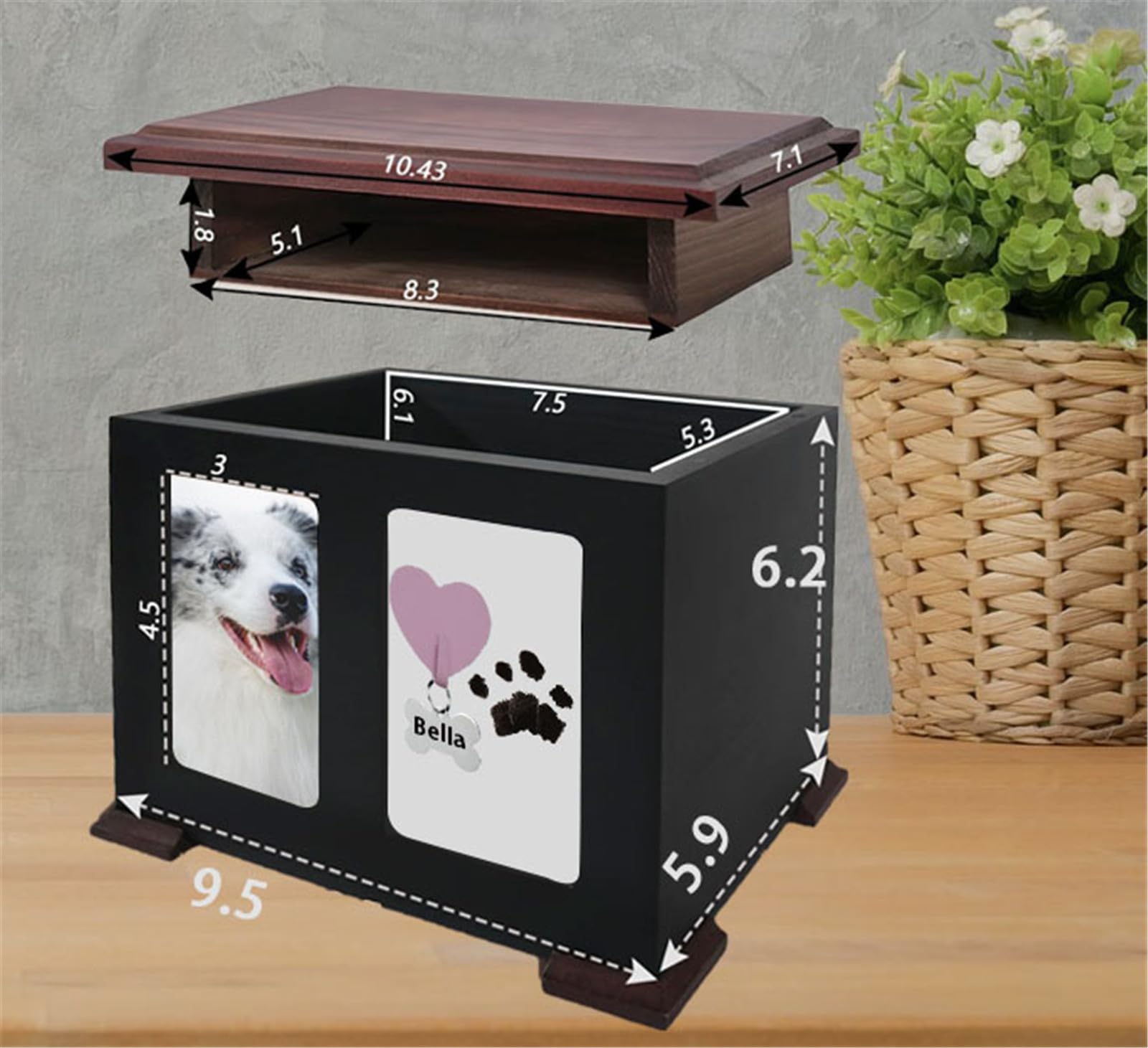Pet Urns For Dogs Ashes, Cat Urns For Ashes, Wooden Dog Urn, Pet Memory Box For Keepsakes Large With Paw Print Kit, Album