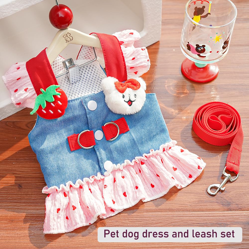 Aniac Denim Dog Dress Harness With Leash Set Cute Small Dogs Clothes Girl Heart Patterns Puppy Dresses Breathable Mesh Cat Harne
