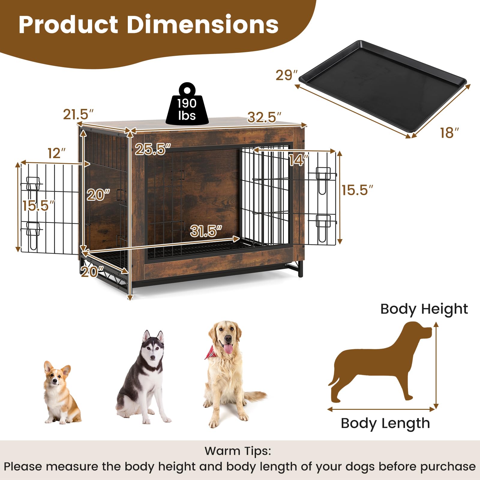 Petsite Industrial Dog Crate Furniture With Removable Tray, Wooden Dog Crate With Double Doors, Dog Furniture End Table, Dog Ken