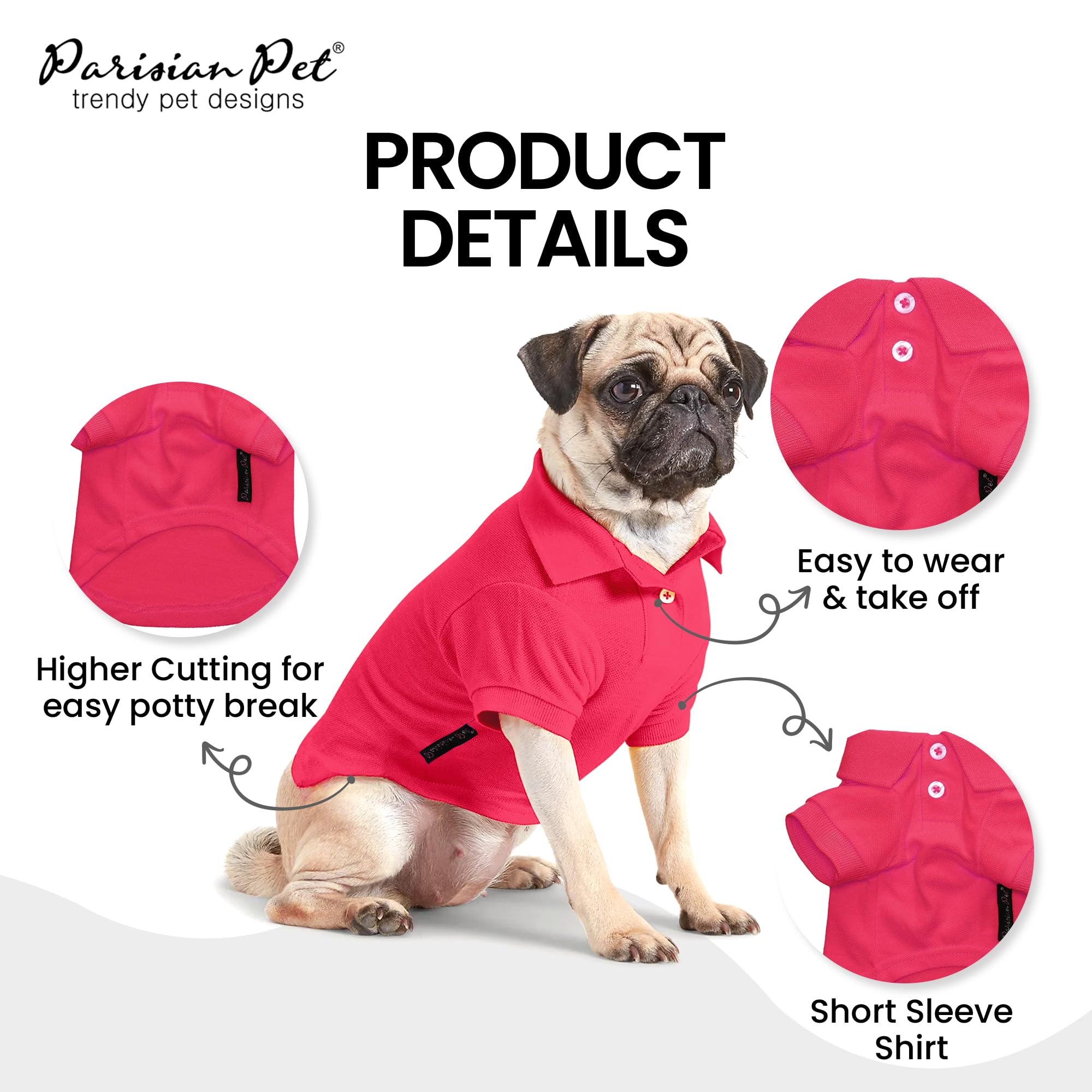 Parisian Pet Polo Shirts - Breathable Cotton Shirt - Solid Color Summer Pullover - Button Up Collar, Pink Polo For Small Dogs Xs
