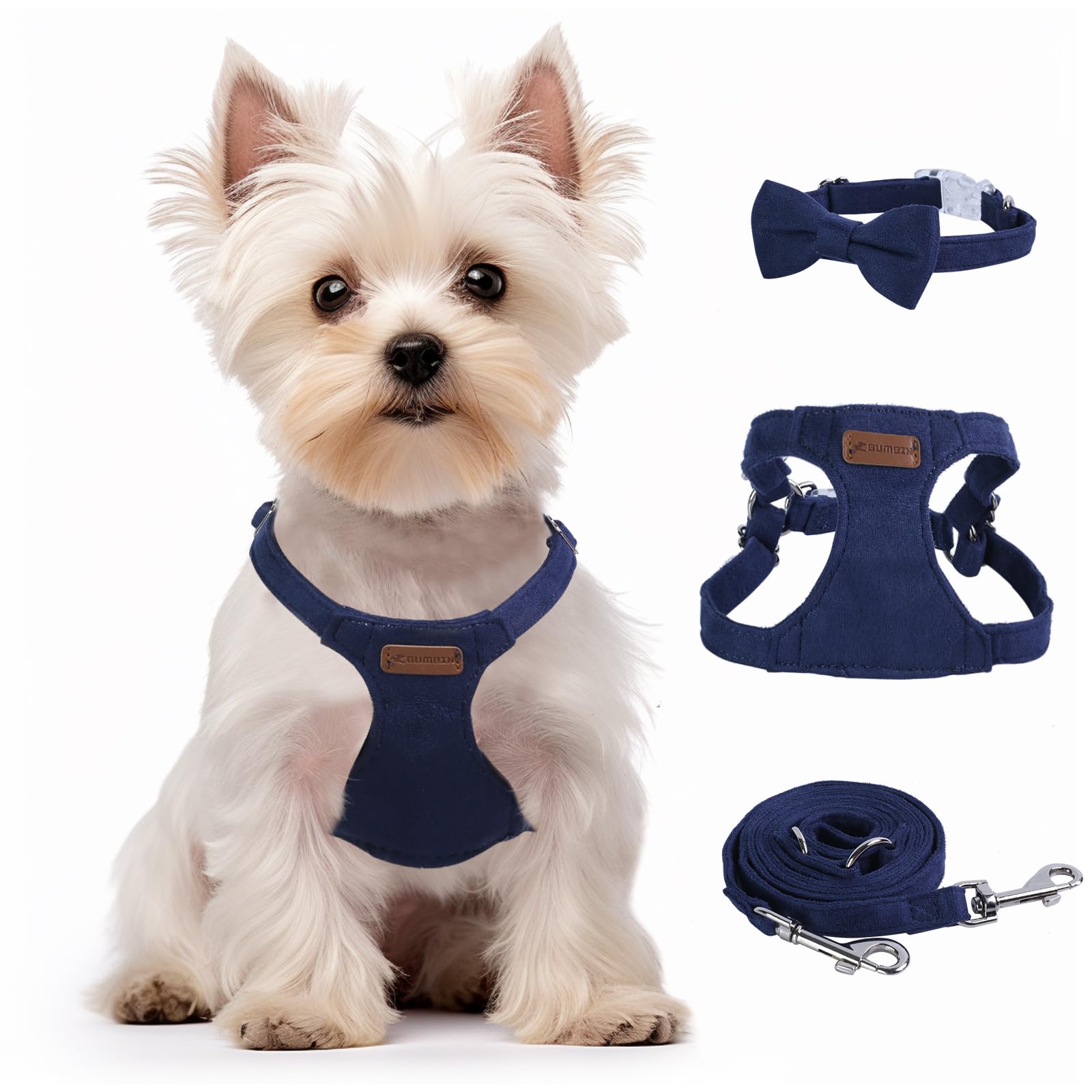 Denim Blue Xxs No Pull Adjustable Puppy Harness Set With Multifunction Leash And Collar, Soft No Choke Escape Proof Pet Harness 
