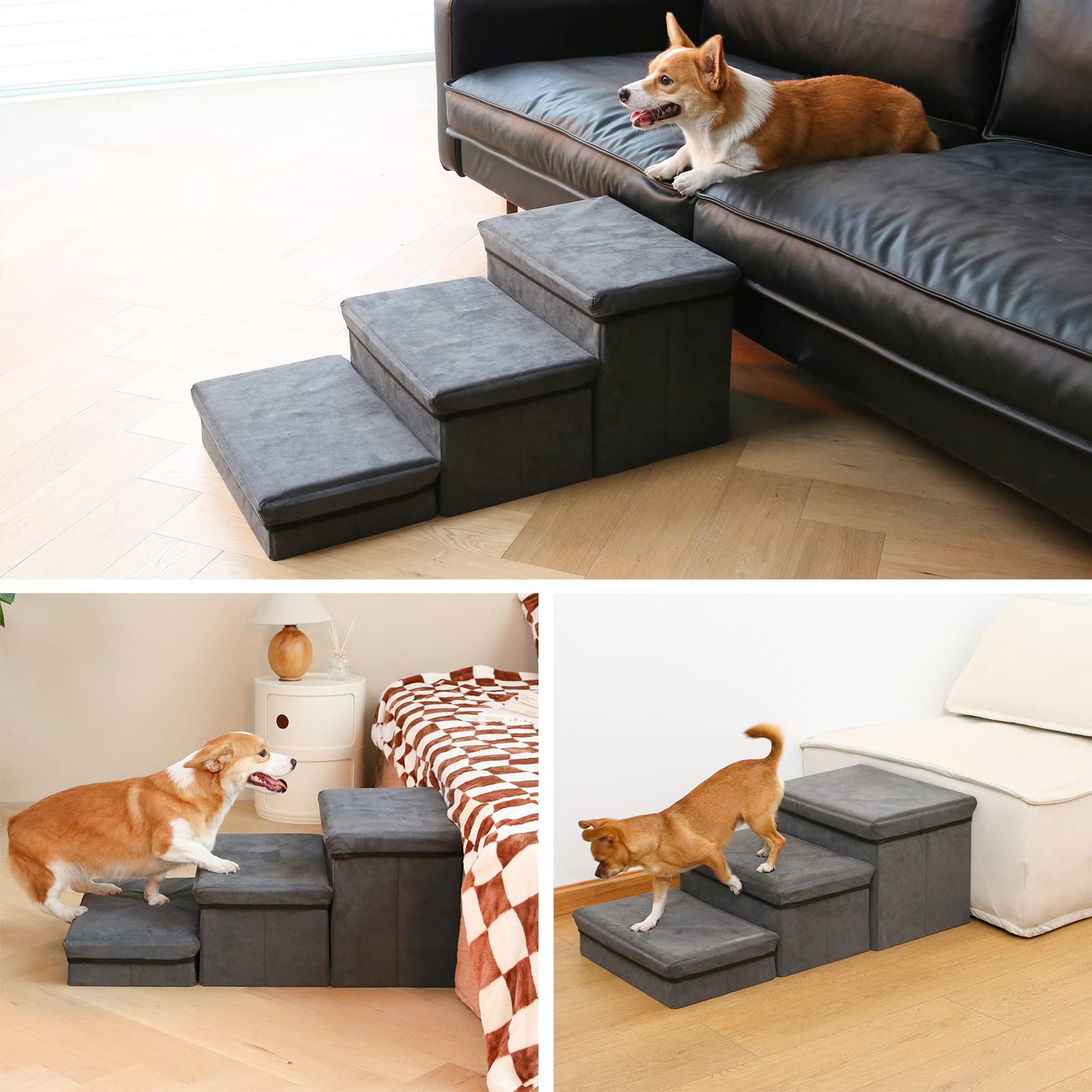 Foldable Dog Stairs/Steps 3-Tier Pet Steps Storage and Adjustable Steps for Small Medium Dogs Pet Steps Storage Stepper for High