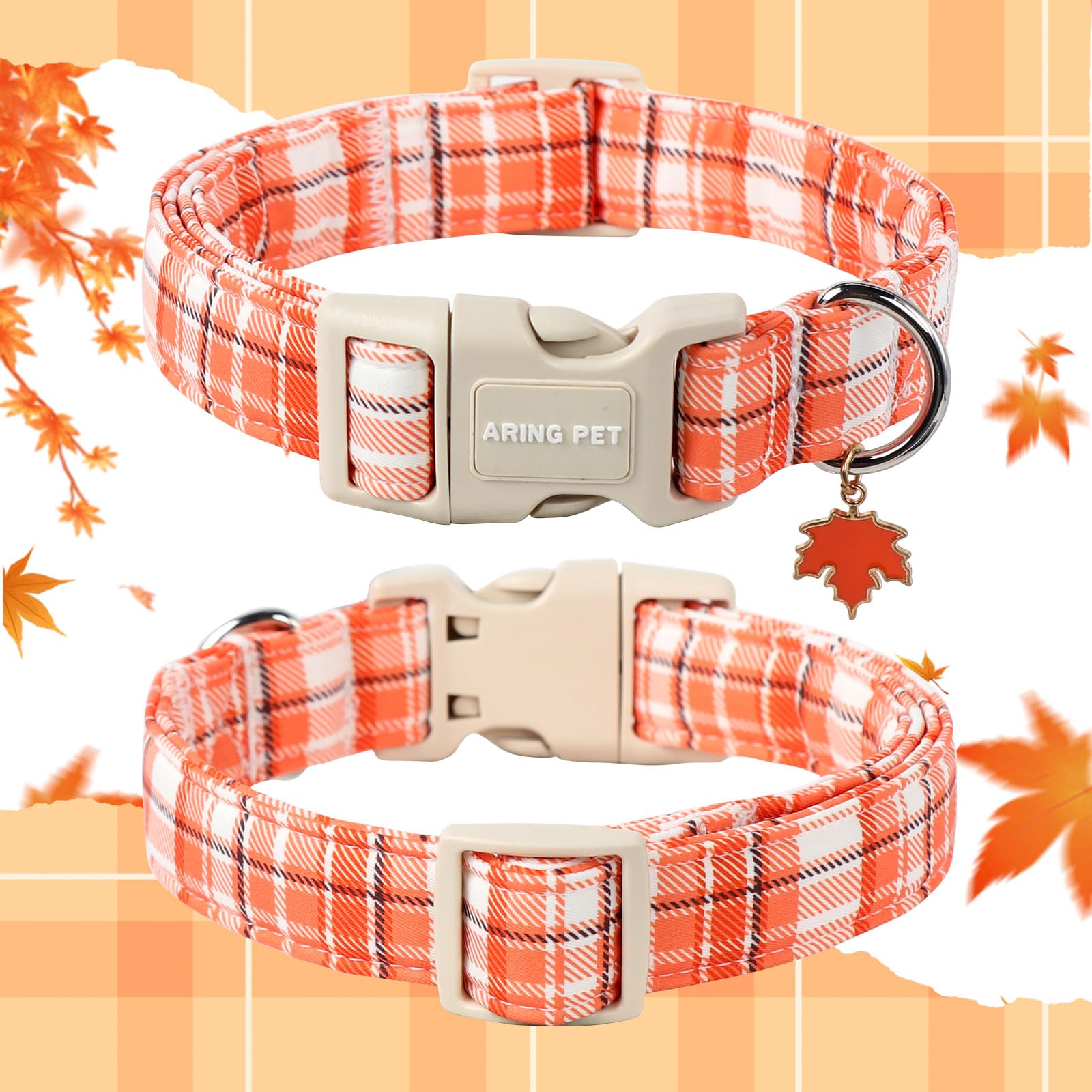 Aring Pet Halloween Dog Collar-Cute Orange Plaid Dog Collars, Adjustable Fall Pet Collars Puppy Collar With Quick Release Buckle